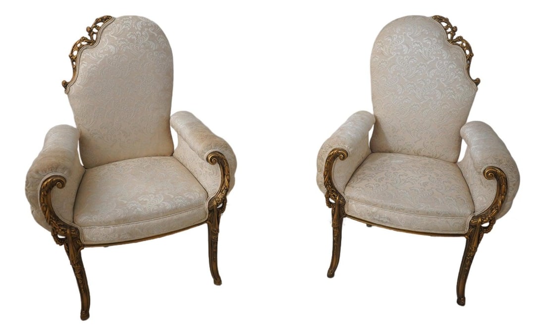 Vintage Louis XV Style Gold Giltwood Armchairs Pair: Vintage Louis XV Style Gold Giltwood Armchairs Pair This exquisite pair of vintage Louis XV style armchairs, crafted around the 1950s, showcases fine carved details and high-quality construction. The