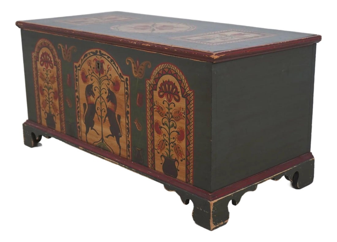 Hand-Painted Pennsylvania Dutch Folk Art Blanket Chest circa 1824 Wood: Hand-Painted Pennsylvania Dutch Folk Art Blanket Chest circa 1824 Wood This antique Pennsylvania Dutch large blanket chest dates to circa 1824 and features dovetailed construction and high-quality cra