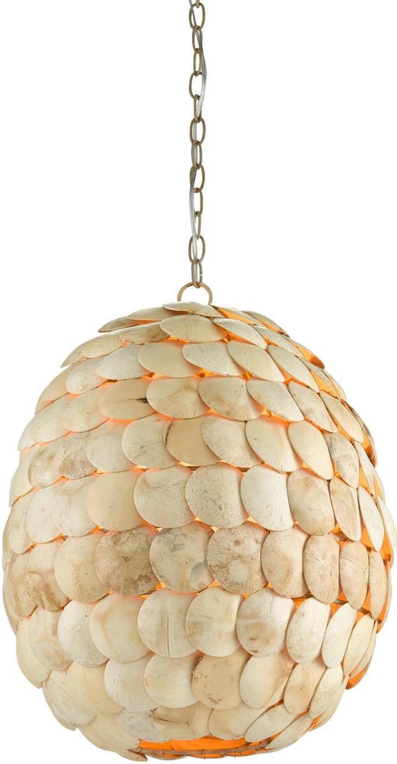 Buko Pendant Light by Currey - Organic Modern Design with Coco Shell and Glass: Buko Pendant Light by Currey - Organic Modern Design with Coco Shell and Glass Illuminate your space with the Buko Pendant, showcasing exquisite natural shell artistry. This pendant light features a s