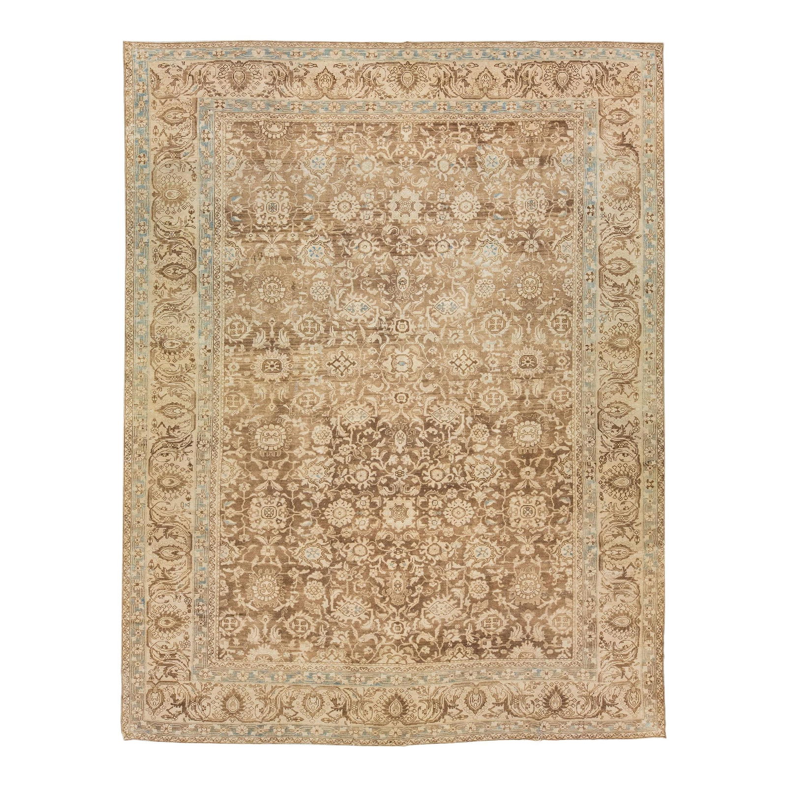 Antique Persian Mahal Handmade Wool Rug 10'6 x 13'7 Brown Medallion Design: Antique Persian Mahal Handmade Wool Rug 10'6 x 13'7 Brown Medallion Design Enhance your space with this exquisite antique Persian hand-knotted wool rug, featuring a stunning beige color field. The des