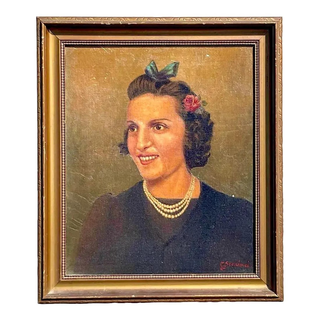 Framed Portrait Painting of Woman with Pearl Necklace on Canvas (1 of 4)