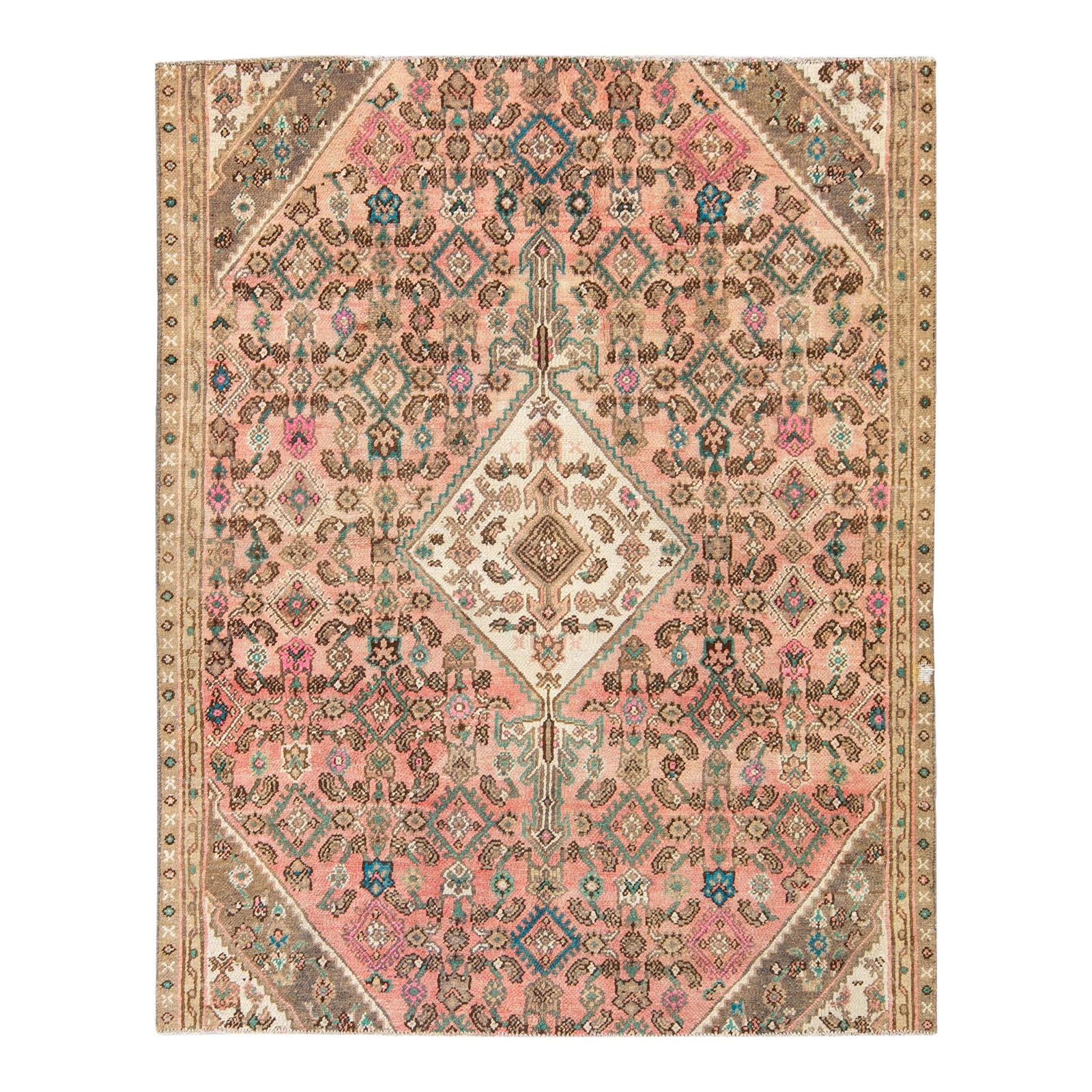Vintage Persian Handmade Medallion Wool Rug Peach 5'1 x 6'5: Vintage Persian Handmade Medallion Wool Rug Peach 5'1 x 6'5 This stunning vintage Persian rug showcases a beautifully distressed, hand-knotted wool construction in a delightful peach color. Adorned wi