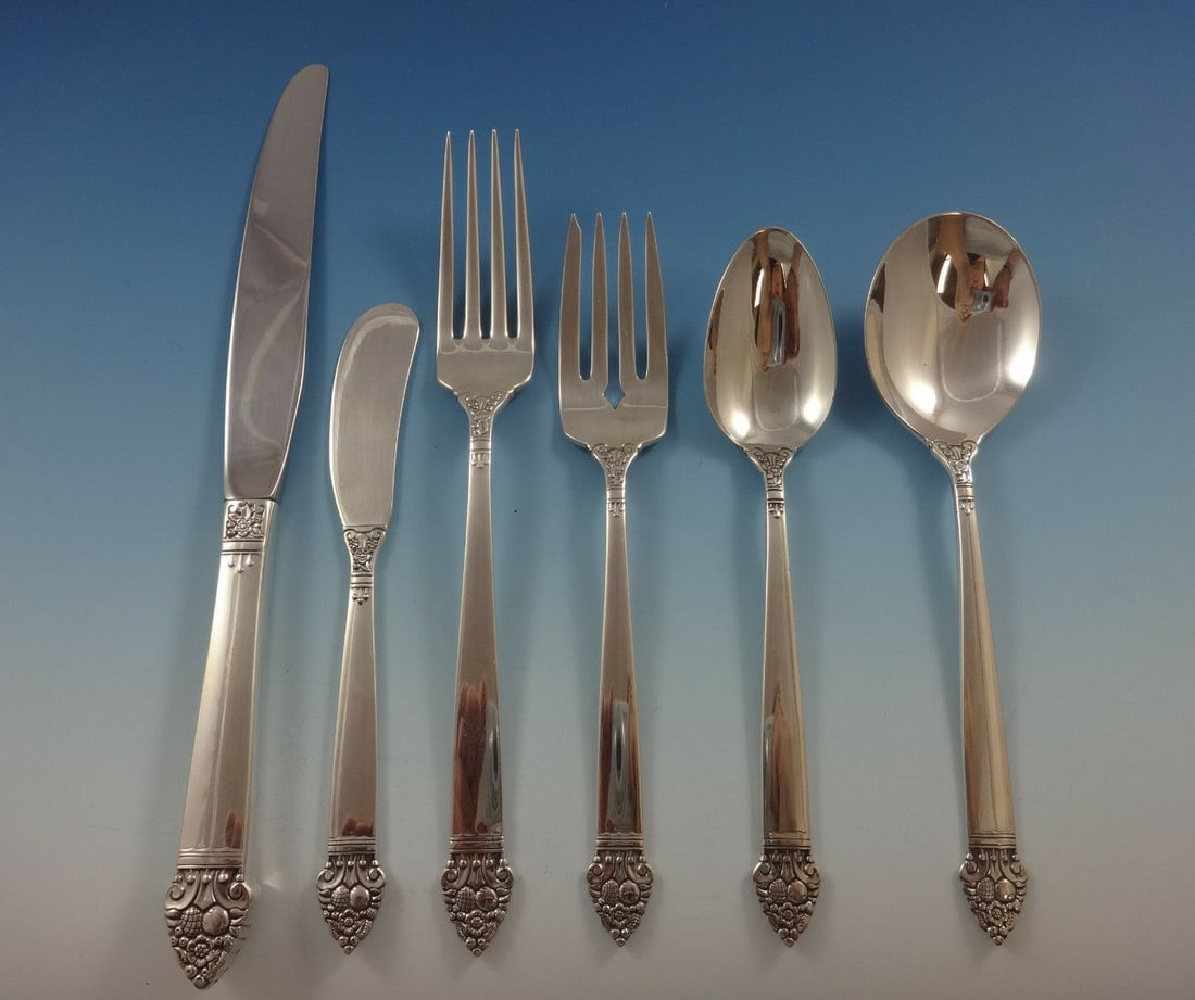 Oneida King Cedric Sterling Silver Flatware Set for 12 - 80 Pieces: Oneida King Cedric Sterling Silver Flatware Set for 12 - 80 Pieces Enhance your dining experience with this exquisite King Cedric flatware set by Oneida. Crafted from high-quality sterling silver, thi