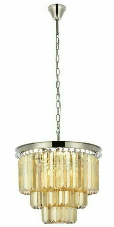 Sydney 9-Light Chandelier with Golden Teak Crystals and Polished Nickel Finish: Sydney 9-Light Chandelier with Golden Teak Crystals and Polished Nickel Finish Illuminate your space with this stunning Sydney 9-Light Chandelier featuring a blend of elegant Golden Teak Crystals and