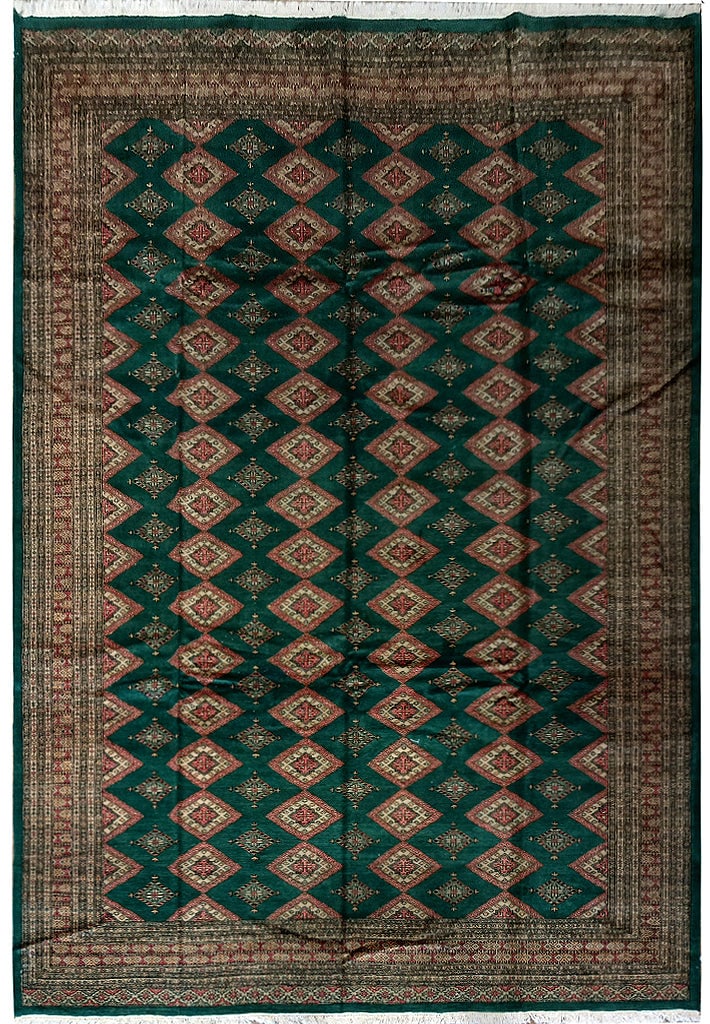Handmade Dark Green Jaldar Bokara Rug 8.2 x 11 ft Pakistan: Handmade Dark Green Jaldar Bokara Rug 8.2 x 11 ft Pakistan Free continental US Shipping Enhance your space with this exquisite handmade Jaldar Bokara rug, crafted in Pakistan. With dimensions of 8.2 x