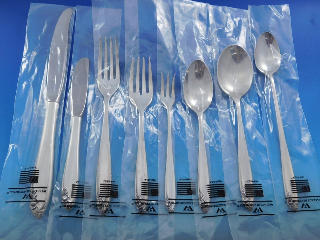 Wallace Debutante Sterling Silver Flatware Set 101 pcs for 12 with Storage Chest: Wallace Debutante Sterling Silver Flatware Set 101 pcs for 12 with Storage Chest Elevate your dining experience with this stunning Debutante by Wallace Sterling Silver Flatware Set, featuring 101 piec