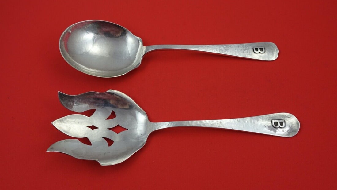 Lebolt Sterling Silver Salad Serving Set Monogram 'B' 9 Inch: Lebolt Sterling Silver Salad Serving Set Monogram 'B' 9 Inch Enhance your dining experience with this exquisite Lebolt by Lebolt Sterling Silver Salad Serving Set. This hand-hammered serving set featu