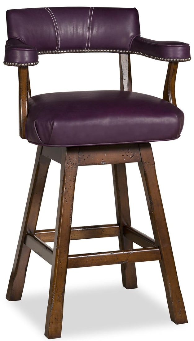 USA Handcrafted Chestnut Leather Swivel Bar Stool 40H: USA Handcrafted Chestnut Leather Swivel Bar Stool 40H Elevate your space with this handcrafted chestnut swivel bar stool, made in the USA. Featuring a transitional style, this stool combines functiona