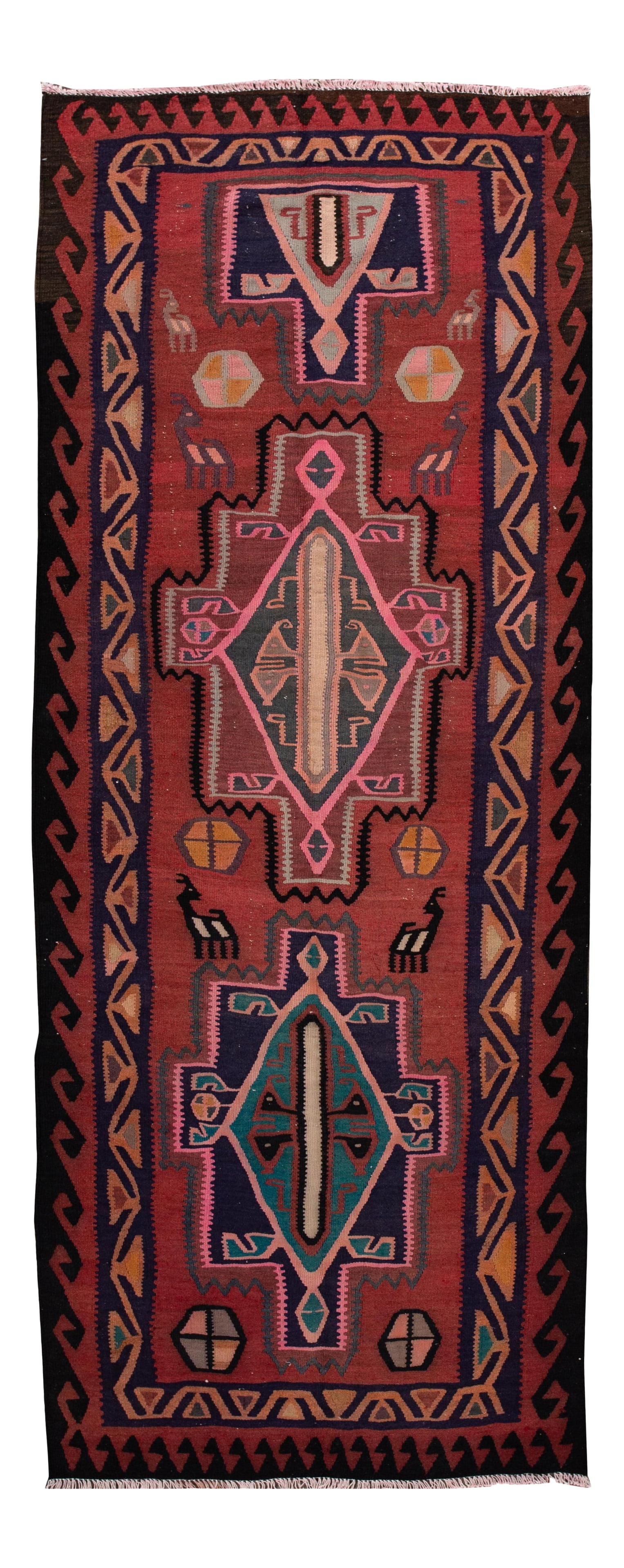 Hand-Woven Mid-20th Century Red Kilim Runner Rug 4' x 10' 1'' Wool: Hand-Woven Mid-20th Century Red Kilim Runner Rug 4' x 10' 1'' Wool Enhance your space with this stunning hand-woven vintage Kilim runner rug featuring a vibrant red field adorned with multi-color acce