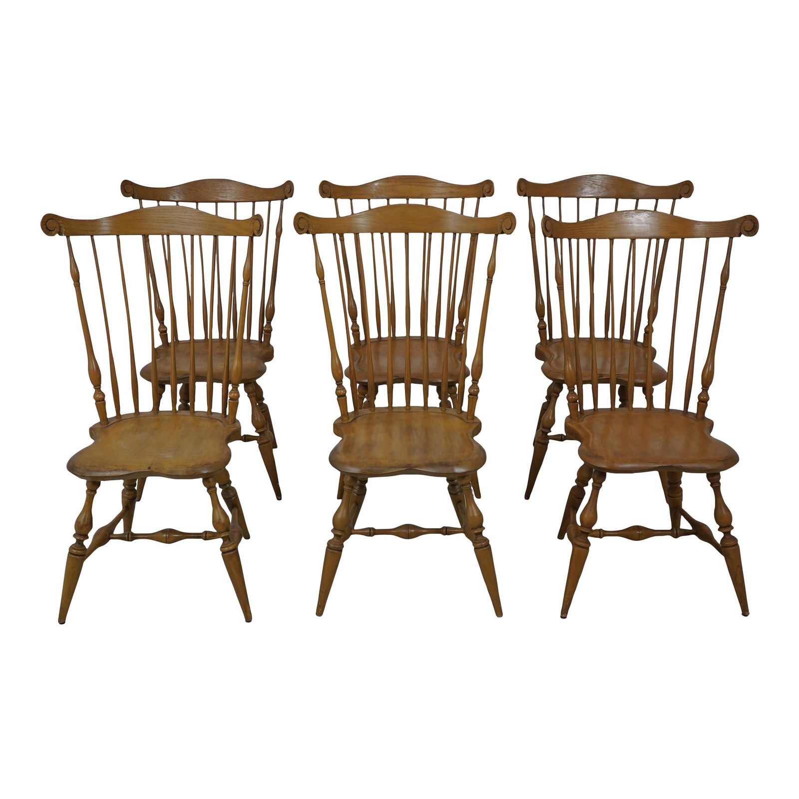 Set of 6 Handcrafted Windsor Dining Chairs with Fan Back Design: Set of 6 Handcrafted Windsor Dining Chairs with Fan Back Design This set of 6 Bench Made Paint Decorated Windsor Dining Chairs features a classic fan back design and shapely saddle seats, handcrafted