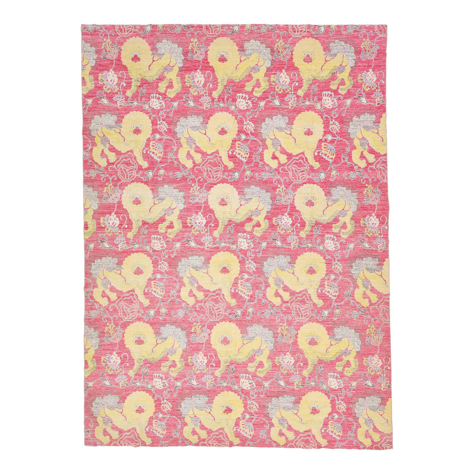 Modern Art Deco Pink Wool Rug with Foo Dogs 9'1 x 12'5: Modern Art Deco Pink Wool Rug with Foo Dogs 9'1 x 12'5 Discover the beauty of this hand-knotted wool rug, featuring a stunning Modern Art Deco design. The rich pink field is complemented by broad yell