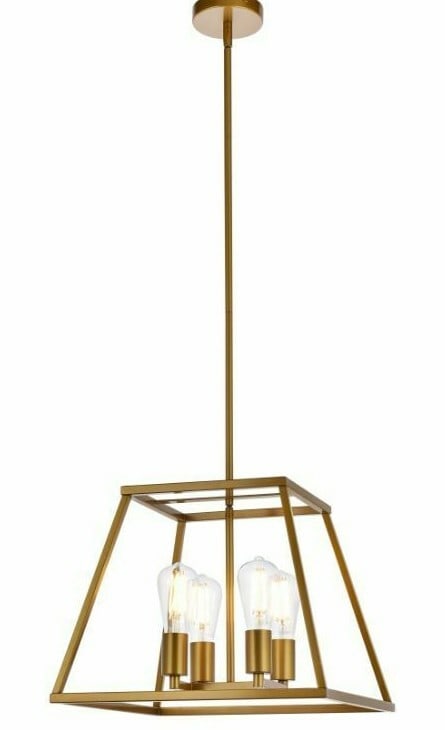 Declan Brass 4-Light Modern Pendant for Dining or Kitchen by Living District: Declan Brass 4-Light Modern Pendant for Dining or Kitchen by Living District This modern pendant chandelier features a trapezoid-shaped open shade in a brass finish, ideal for illuminating kitchen isl