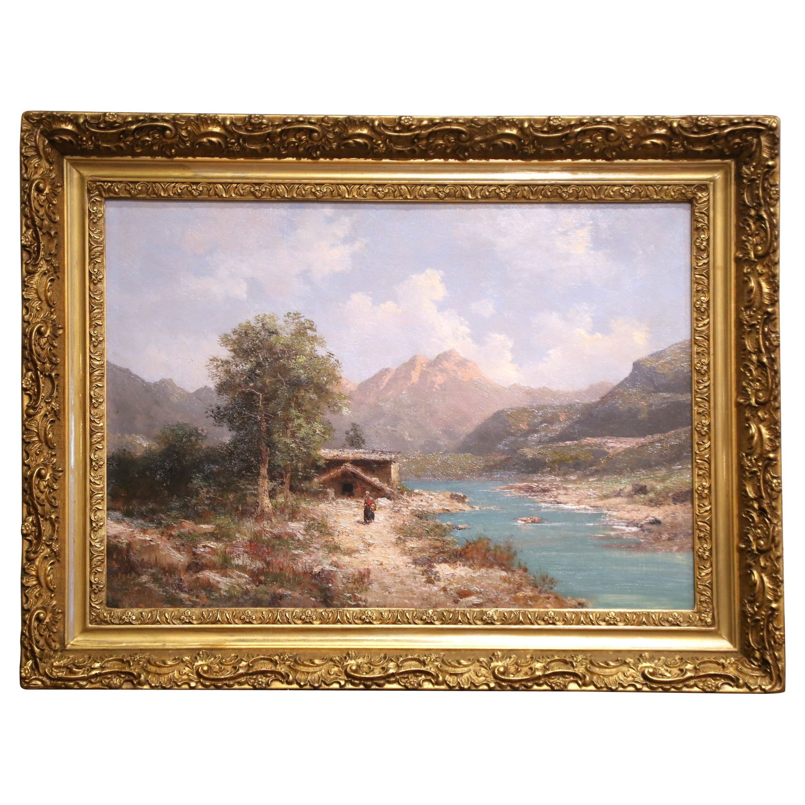 19th Century French Landscape Painting by Emile Godchaux: 19th Century French Landscape Painting by Emile Godchaux This stunning 19th Century French oil on canvas landscape painting by Emile Godchaux captures a tranquil mountain river scene, showcasing remar