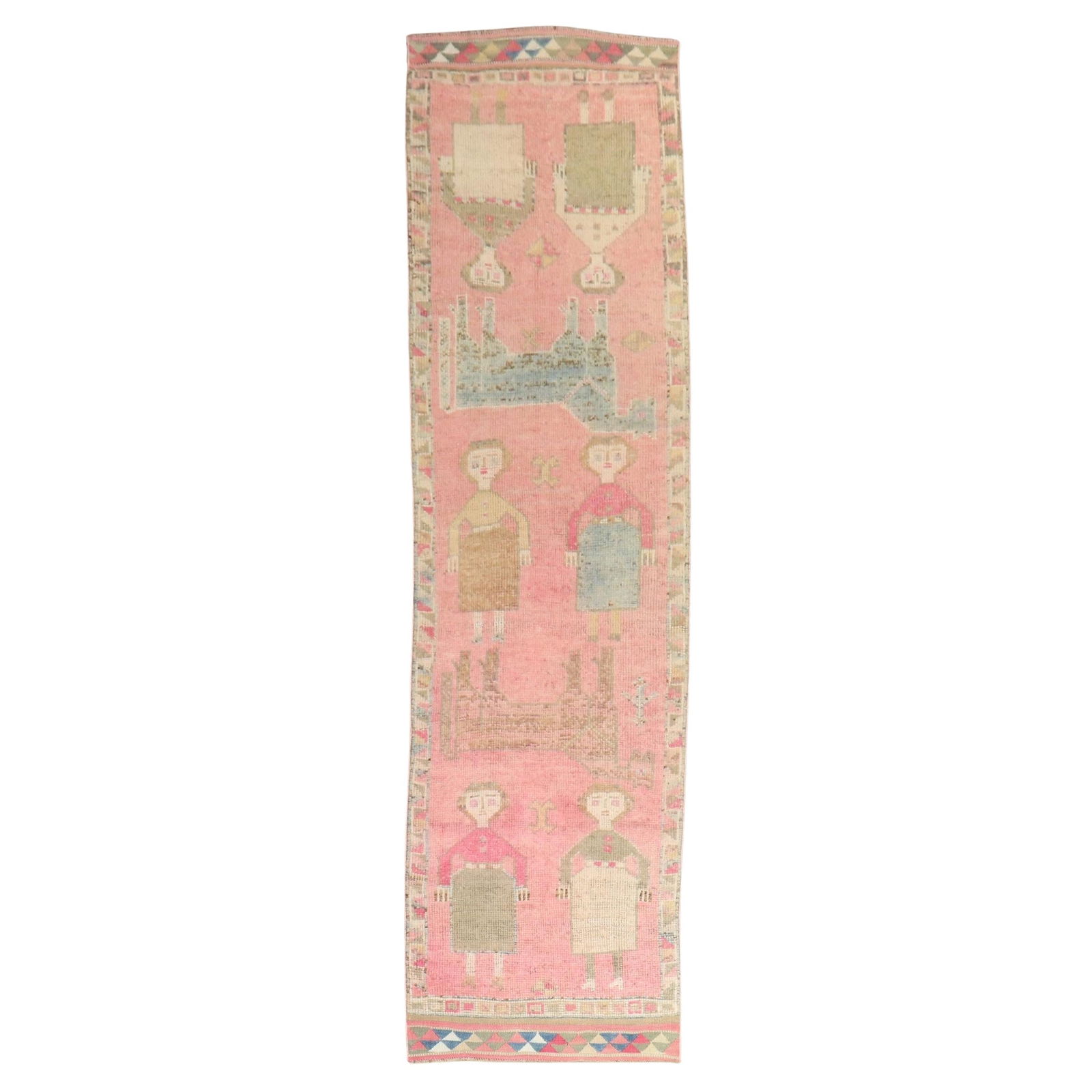 Mid-20th Century Hand-Woven Turkish Pictorial Runner Bubble Gum Pink 34 x 132: Mid-20th Century Hand-Woven Turkish Pictorial Runner Bubble Gum Pink 34 x 132 This stunning Bubble Gum Pink Vintage Turkish Pictorial Runner is a beautiful example of mid-20th century folk art. Hand-w