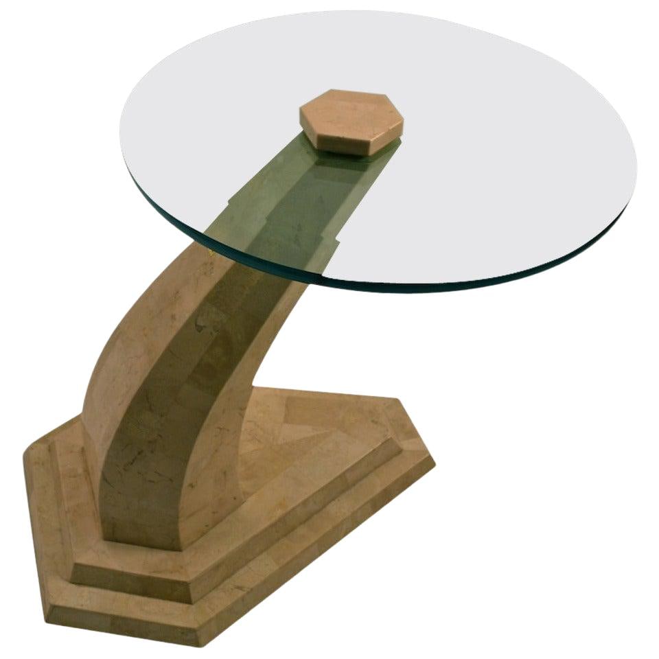 Maitland Smith Tessellated Stone Table with Bevelled Glass Top: Maitland Smith Tessellated Stone Table with Bevelled Glass Top Elevate your living space with this stunning cantilevered end or occasional table, designed by Robert Marcius for Maitland Smith. This pi