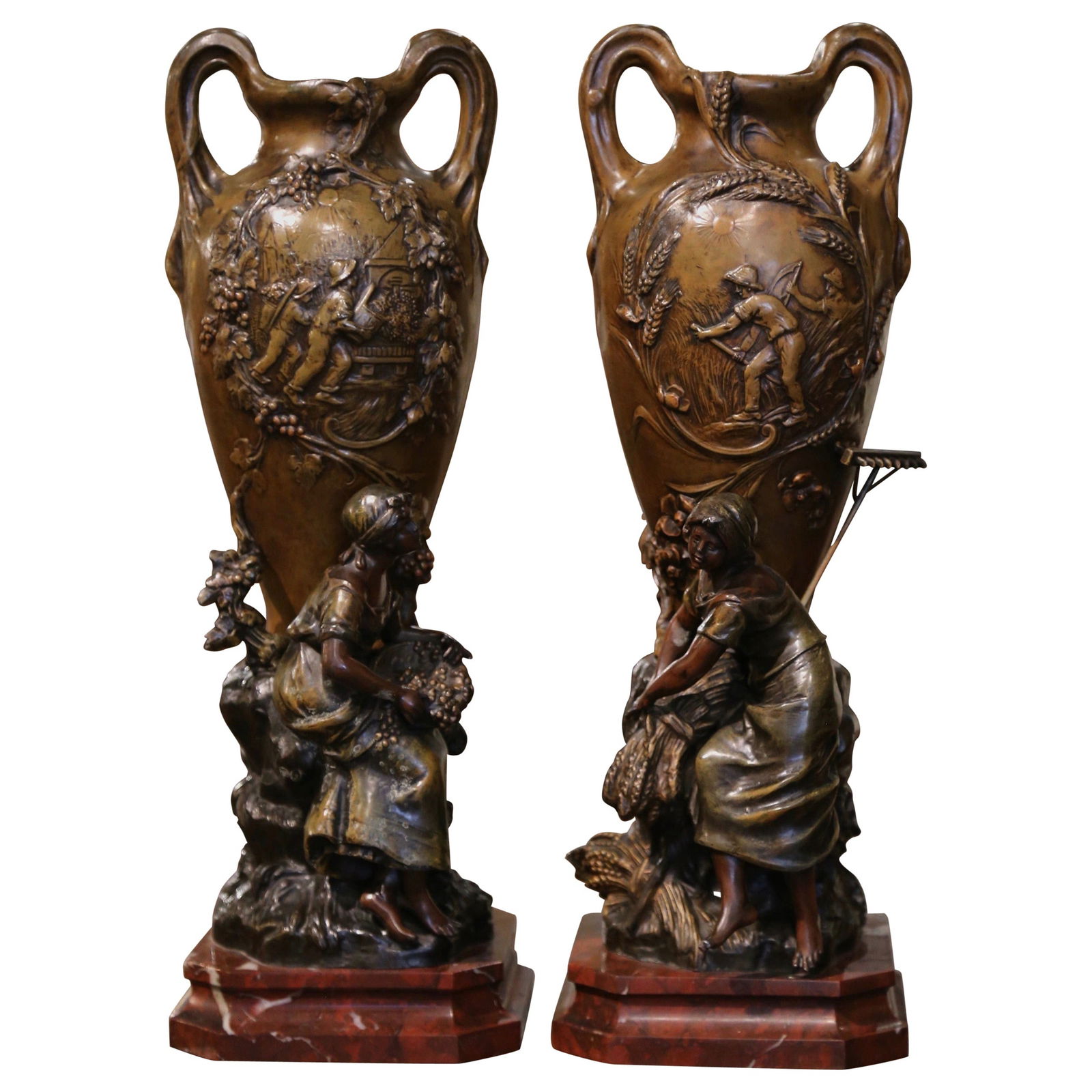 Set of 2 19th Century French Verdigris Vases by Moreau on Marble Bases: Set of 2 19th Century French Verdigris Vases by Moreau on Marble Bases This exquisite pair of 19th Century French vases, crafted around 1880, showcases the elegance of the Napoleon III style. Each vas