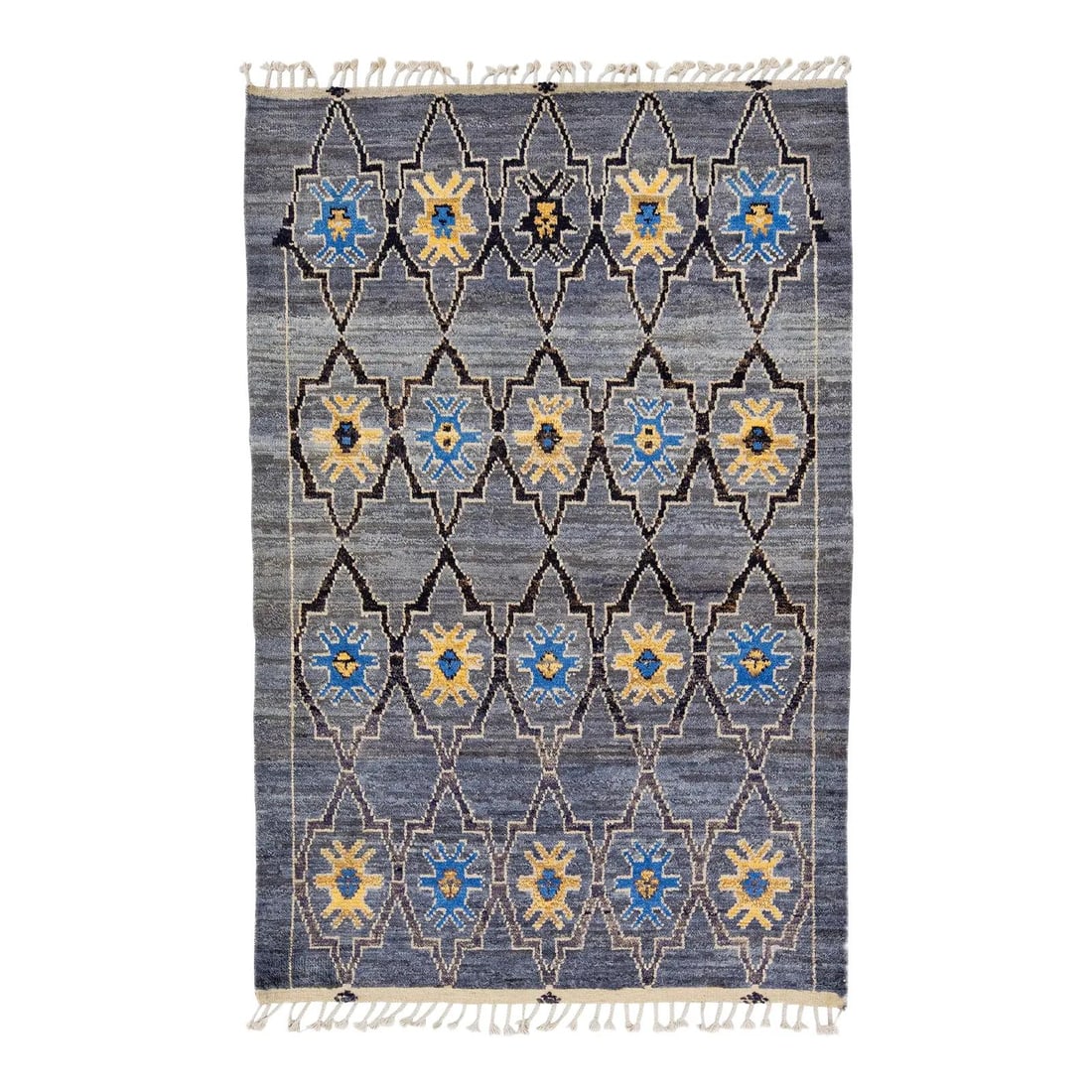 Handmade Moroccan Wool Rug Gray Geometric Design 6 x 8'9: Handmade Moroccan Wool Rug Gray Geometric Design 6 x 8'9 Elevate your space with this exquisite handmade Moroccan wool rug featuring a striking gray and ivory geometric design. Measuring 6' x 8'9", th