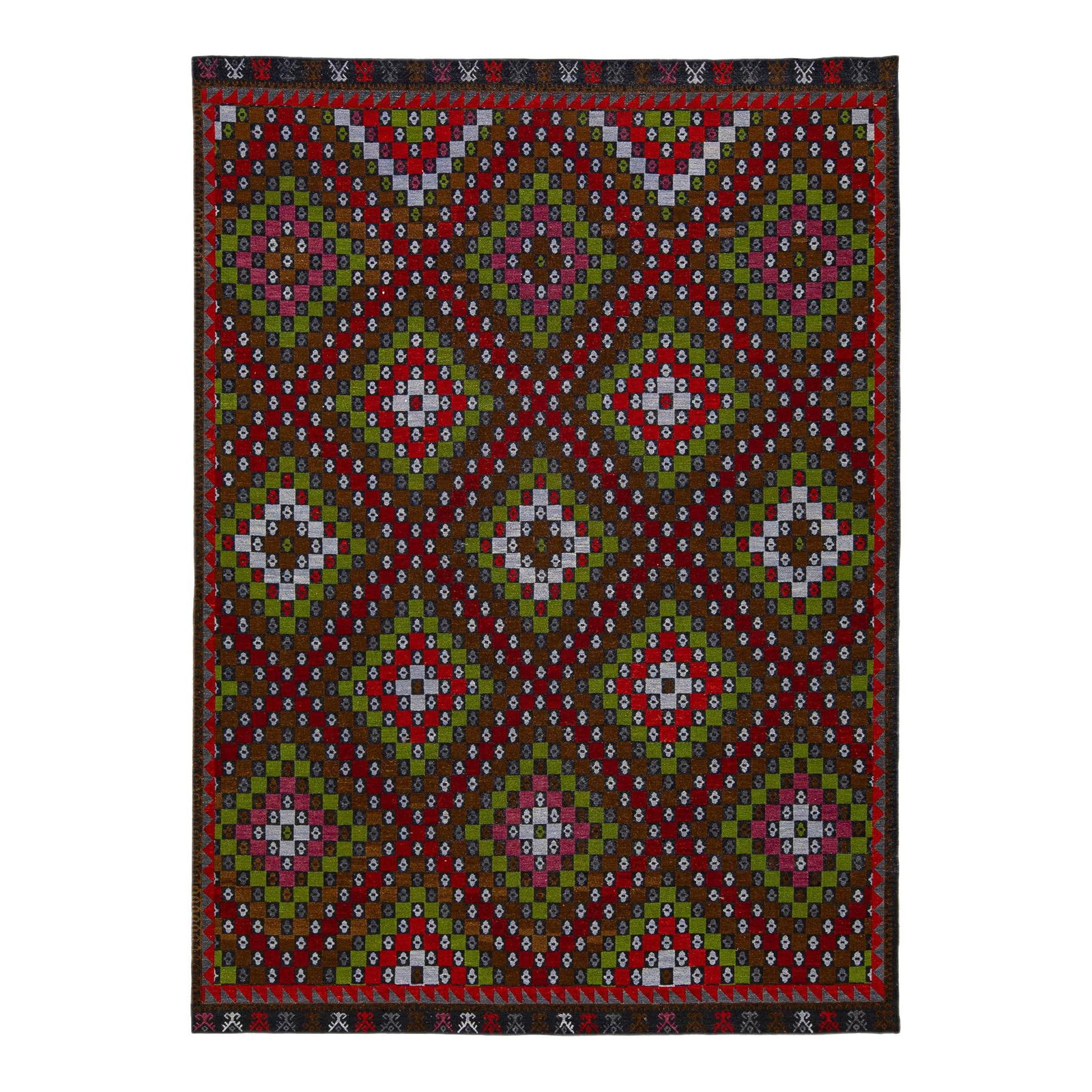 Handmade Brown Soumak Wool Rug 10' x 14' Multicolor Geometric Design: Handmade Brown Soumak Wool Rug 10' x 14' Multicolor Geometric Design Enhance your living space with this stunning Brown Modern Soumak Handmade Multicolor Geometric Designed Wool Rug. Expertly hand-kno