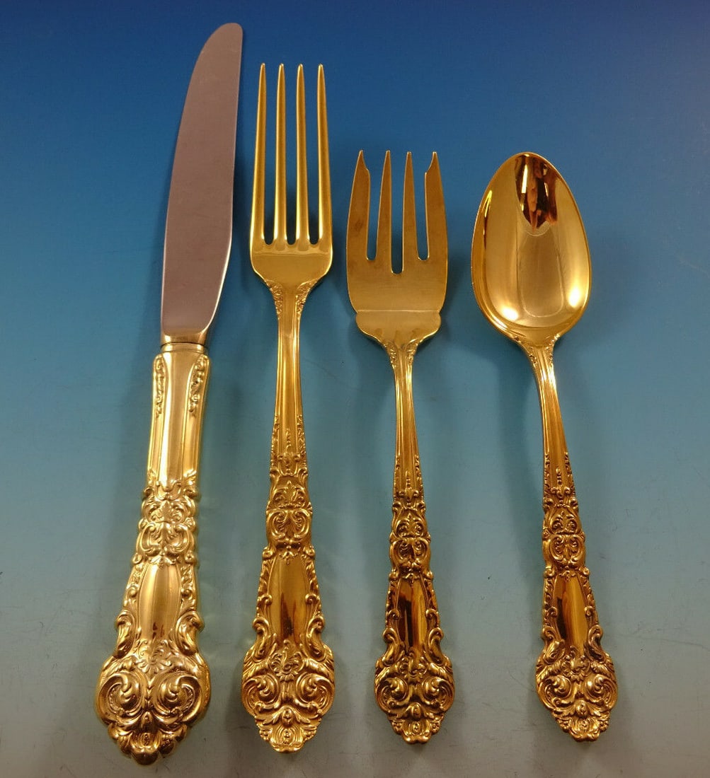 Reed & Barton French Renaissance Gold Vermeil Flatware Set 48 Pcs: Reed & Barton French Renaissance Gold Vermeil Flatware Set 48 Pcs Elevate your dining experience with this exquisite French Renaissance gold flatware set by Reed & Barton. Comprising a total of 48 pie