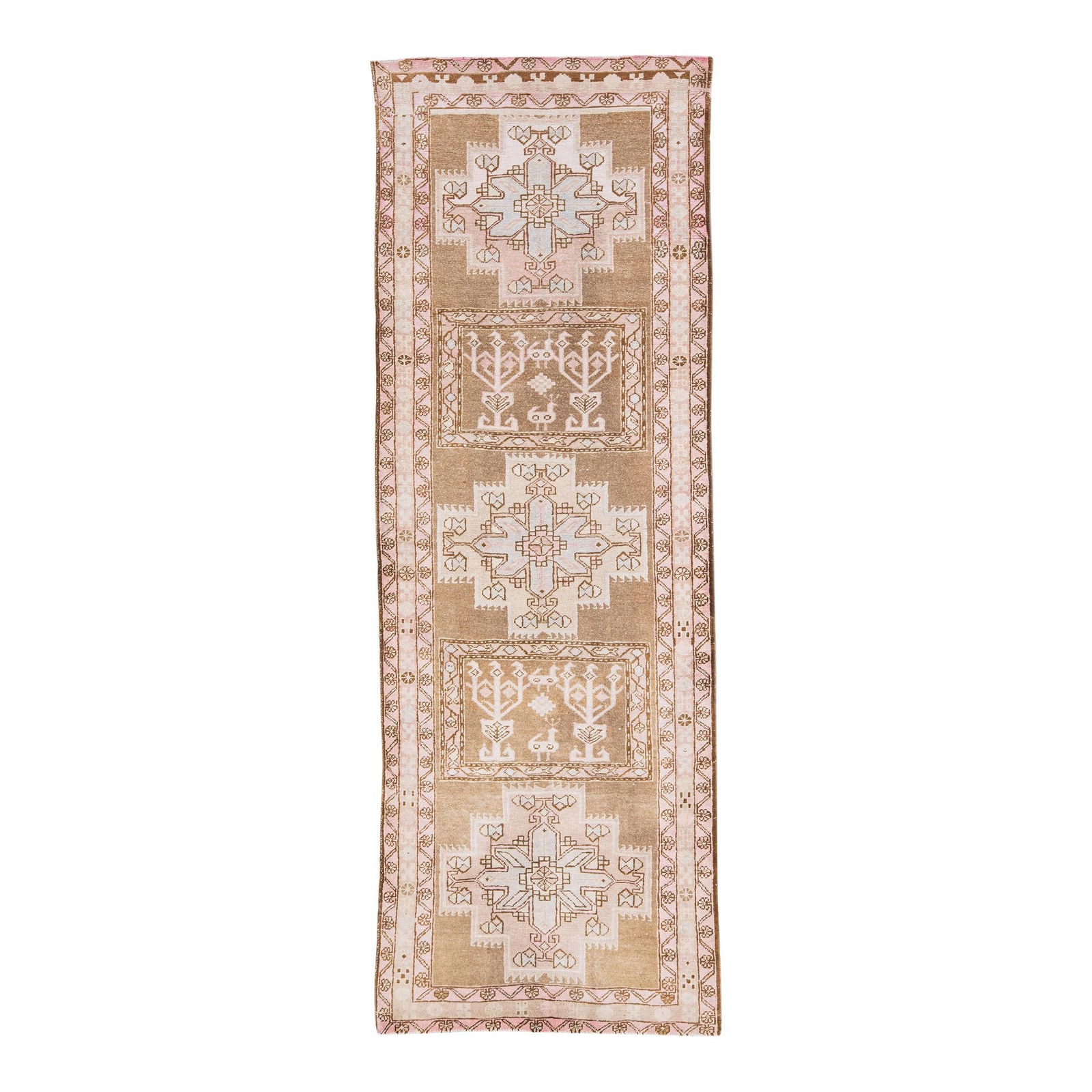 Vintage 1960s Persian Handmade Wool Medallion Runner 3'6 x 10'1: Vintage 1960s Persian Handmade Wool Medallion Runner 3'6 x 10'1 This exquisite vintage Persian runner rug features a hand-knotted wool construction with a rich brown field. Adorned with a peach frame