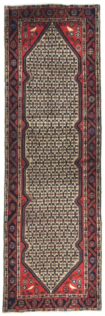 Hand-Knotted Tribal Cream Wool Runner 3'4 x 9'9 Vintage Rug: Hand-Knotted Tribal Cream Wool Runner 3'4 x 9'9 Vintage Rug Enhance your home decor with this stunning 3'4" x 9'9" Tribal Cream Oriental Rug, perfect for farmhouse styling in kitchens and hallways. Ha