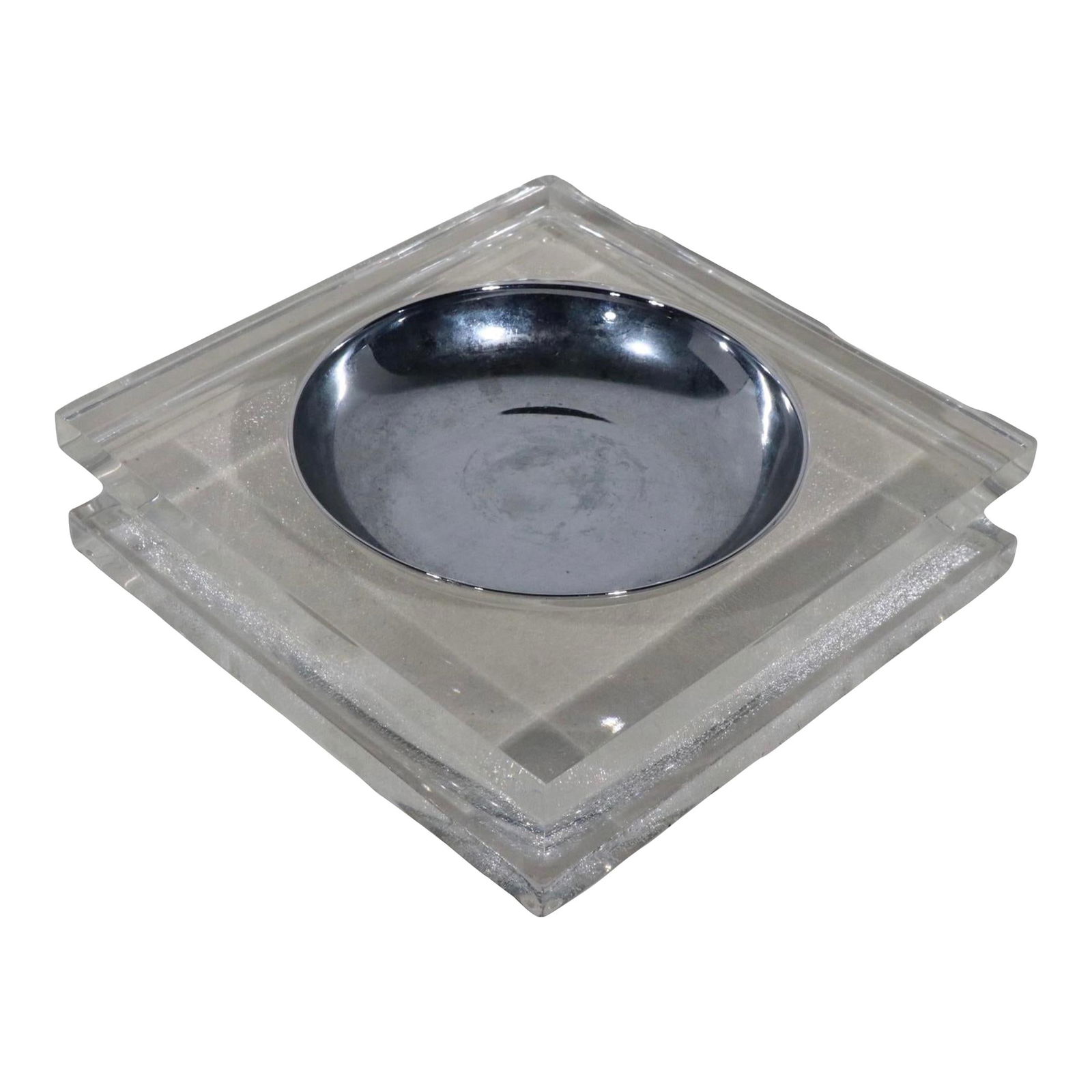 1970s Lucite Chrome Vide Poche Bowl After Charles Hollis Jones: 1970s Lucite Chrome Vide Poche Bowl After Charles Hollis Jones This elegant vide poche bowl showcases a substantial cast lucite and chrome construction, inspired by the designs of Charles Hollis Jones