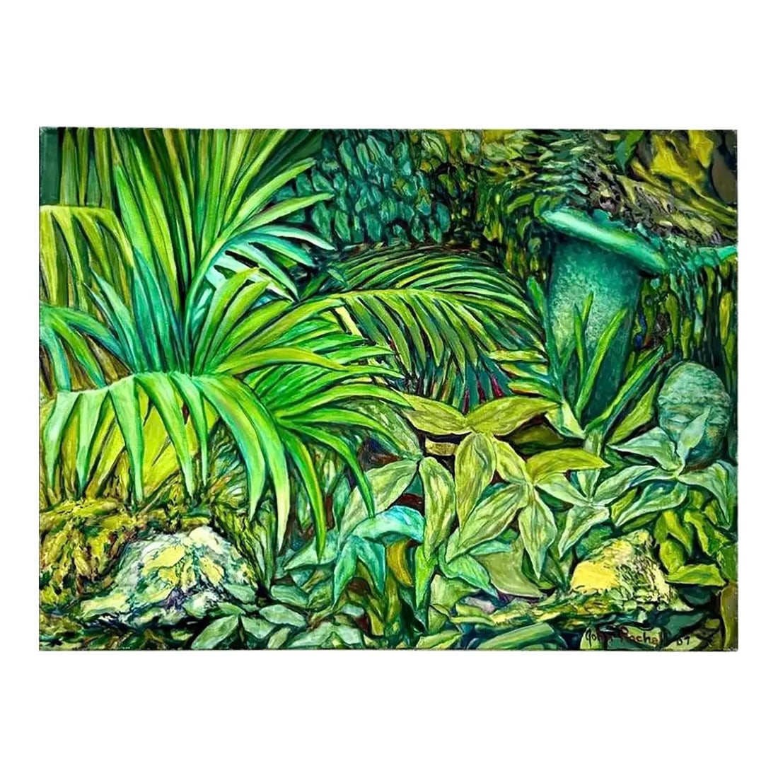 Mid-Century Landscape Painting 1967 Signed Boho Chic Art: Mid-Century Landscape Painting 1967 Signed Boho Chic Art Immerse yourself in the lush greenery of this vintage Boho chic landscape painting. Featuring a dense composition of layered palms and broad le