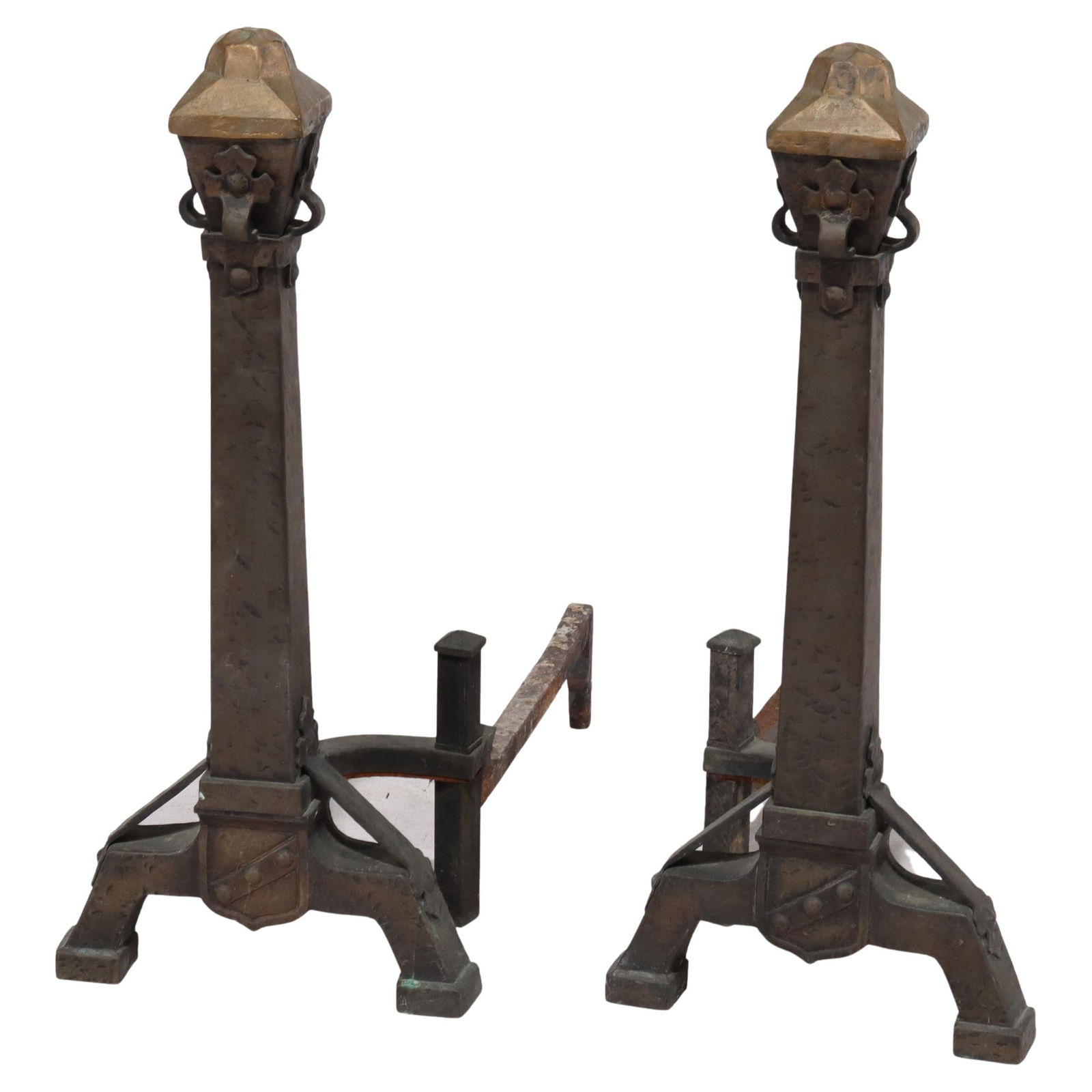 Pair of C1910 Arts & Crafts Hammered Copper Wrought Iron Andirons: Pair of C1910 Arts & Crafts Hammered Copper Wrought Iron Andirons This pair of antique Arts & Crafts andirons, dating to circa 1910, showcases exquisite craftsmanship in hammered copper and wrought ir