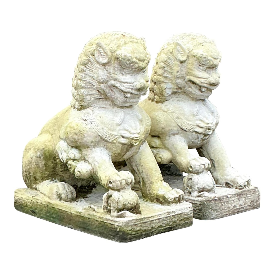 Pair of Vintage 22 Inch Cast Concrete Foo Dogs: Pair of Vintage 22 Inch Cast Concrete Foo Dogs Enhance your outdoor space with this striking pair of vintage cast concrete Foo Dogs, each standing at an impressive 22 inches tall. These majestic guard