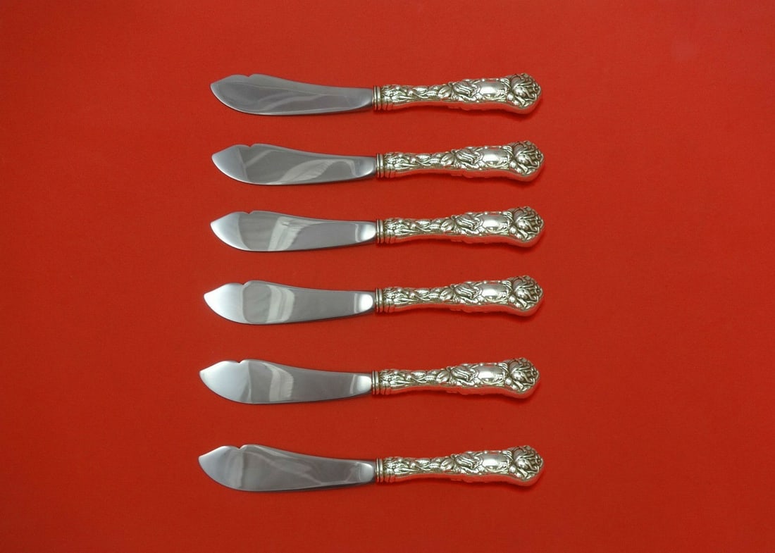 Alvin Bridal Rose Sterling Silver Custom Trout Knife Set 6pc: Alvin Bridal Rose Sterling Silver Custom Trout Knife Set 6pc This exquisite Bridal Rose by Alvin Sterling Silver Trout Knife Set is a remarkable addition to any dining collection. Crafted post-1940, t