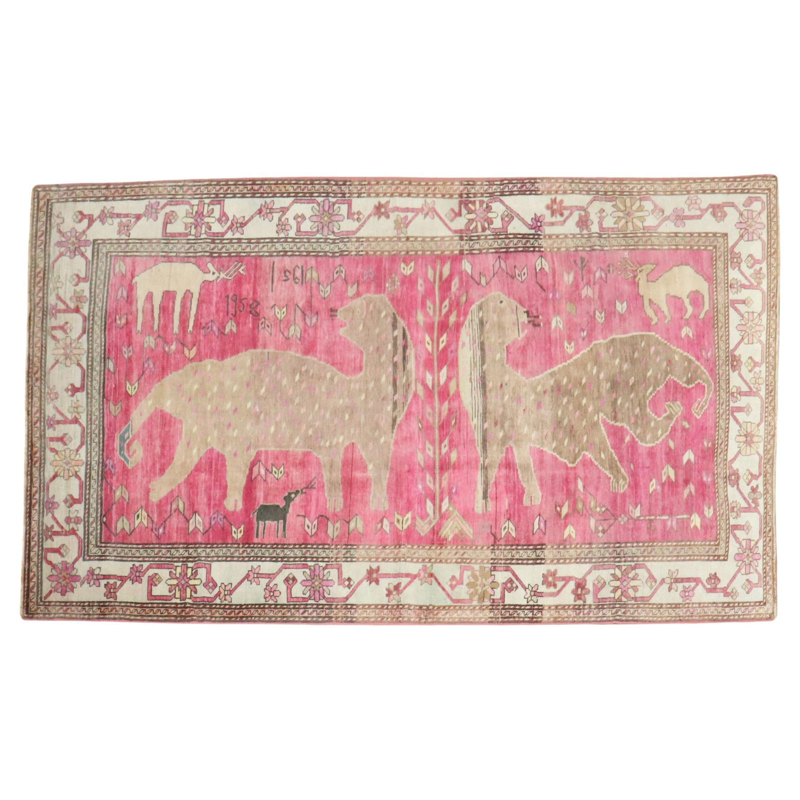 Rare 1958 Zabihi Pink Komodo Dragon Armenian Wool Rug: Rare 1958 Zabihi Pink Komodo Dragon Armenian Wool Rug Discover the exquisite craftsmanship of this rare Armenian rug from the Zabihi Collection, featuring an intricate design of two Komodo Dragons set