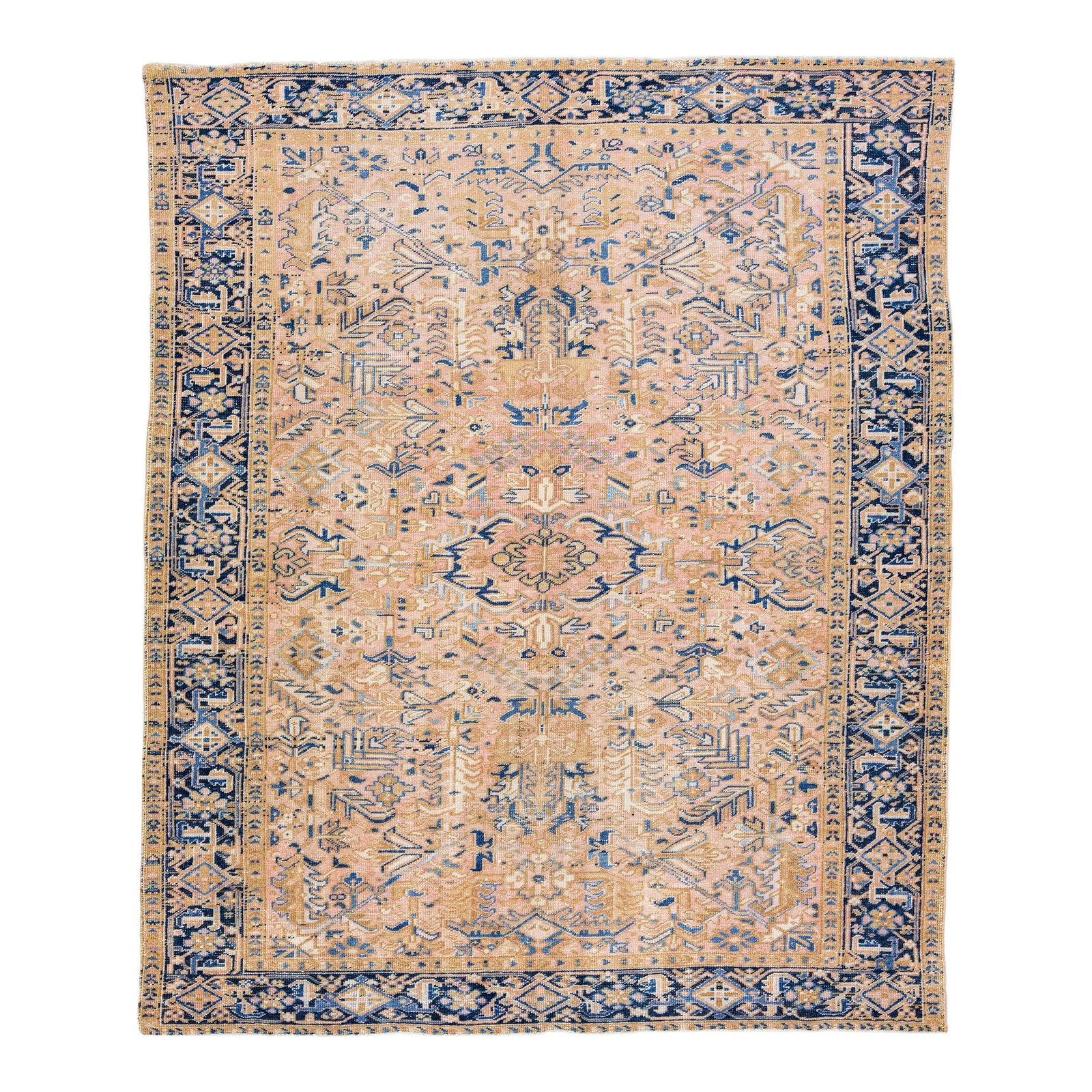 1920s Antique Heriz Persian Wool Rug Peach Allover Pattern: 1920s Antique Heriz Persian Wool Rug Peach Allover Pattern This exquisite 1920s antique Heriz Persian rug features a captivating all-over geometric floral pattern in rich shades of blue and brown, bea