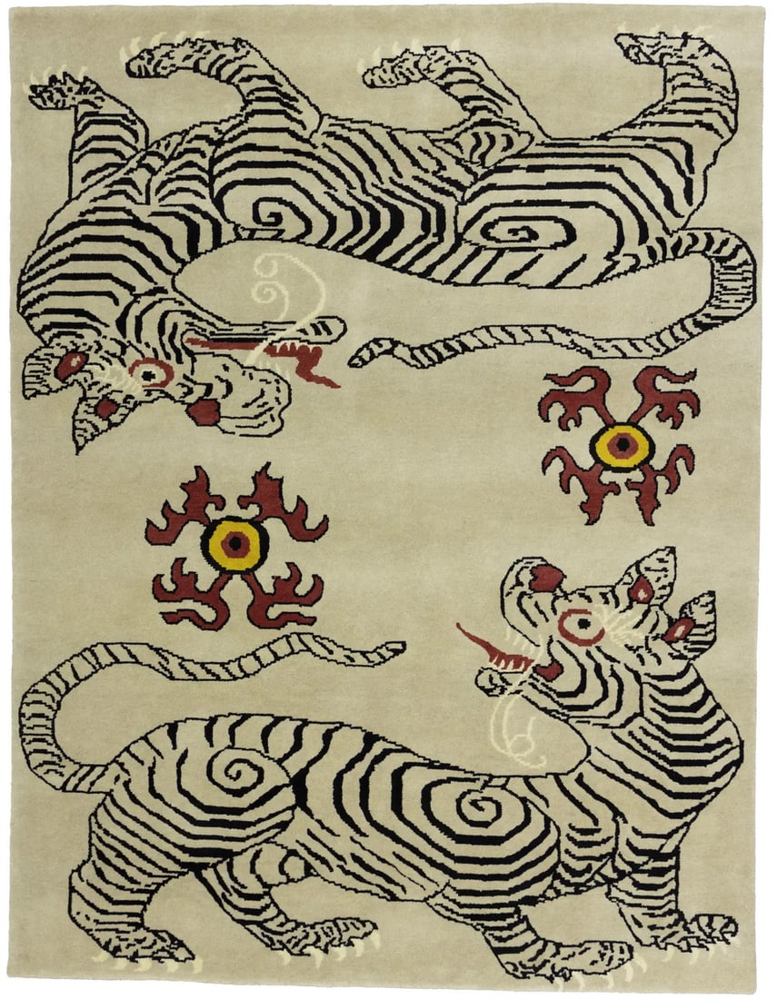 Hand-Knotted Wool Area Rug 6x8 Tribal Tiger Motif Nepali Design: Hand-Knotted Wool Area Rug 6x8 Tribal Tiger Motif Nepali Design This 6x8 Nepali Oriental rug features a tribal tiger-style design, hand-knotted from fine wool. Its pictorial pattern showcases a blend
