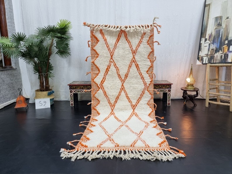 Authentic Moroccan Berber Runner Rug Orange White Handmade 100% Wool: Authentic Moroccan Berber Runner Rug Orange White Handmade 100% Wool Elevate your home decor with this stunning handmade Moroccan Berber runner rug, featuring an eye-catching orange and white design w