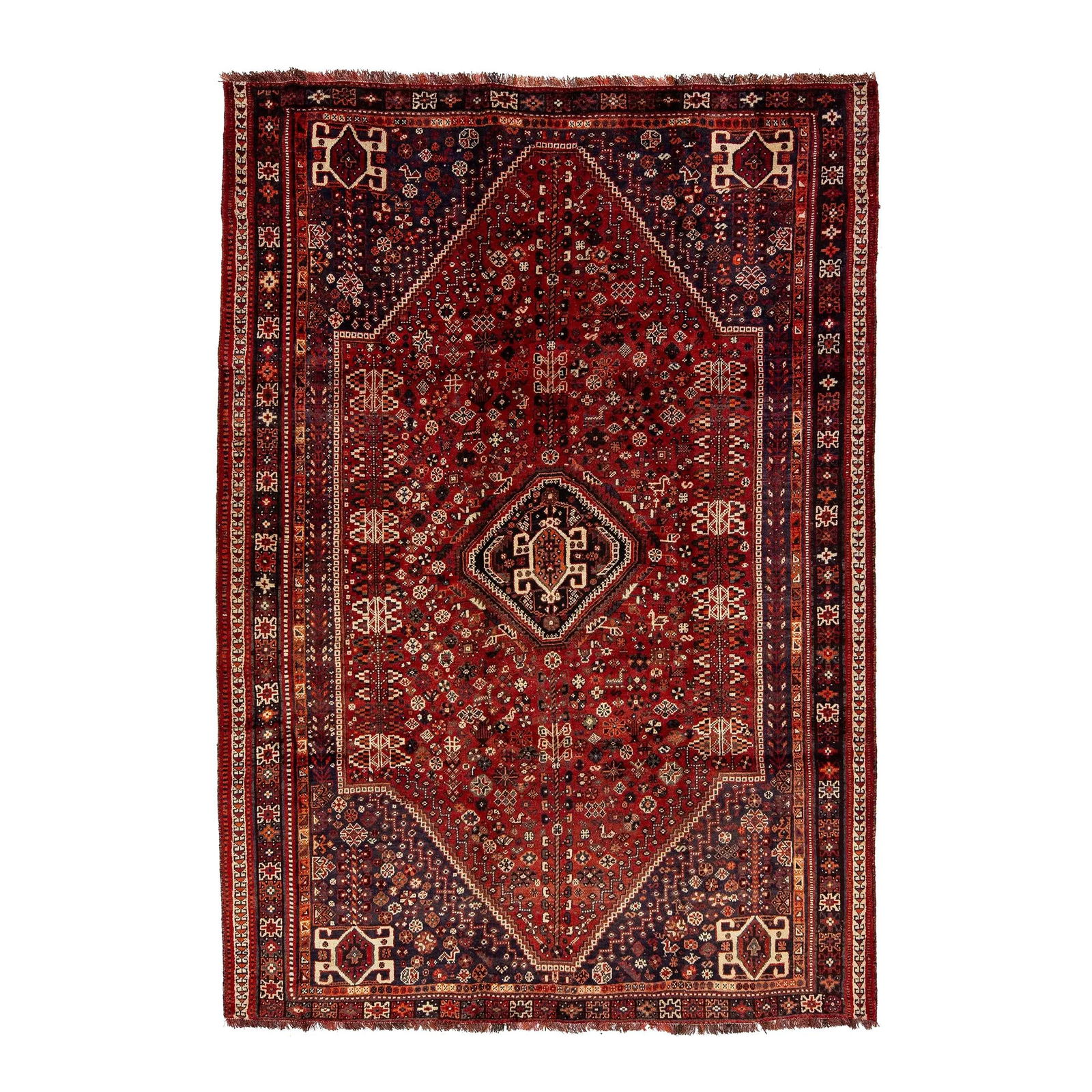 Persian Shiraz Room Size Wool Rug in Rich Red: Persian Shiraz Room Size Wool Rug in Rich Red Transform your living space with this stunning allover-designed Persian Shiraz wool rug, featuring a rich red color that adds a bold statement to any deco
