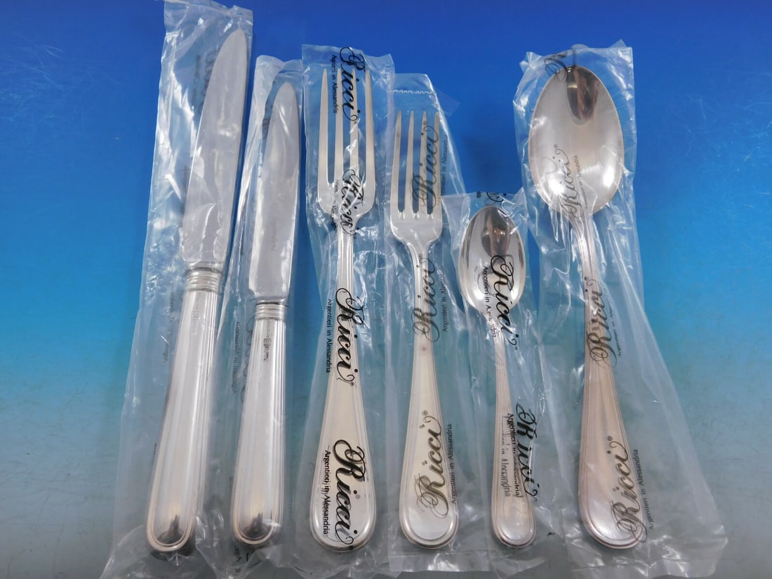 Ascot by Ricci 800 Silver Flatware Set for 12 76 Pieces New Unused: Ascot by Ricci 800 Silver Flatware Set for 12 76 Pieces New Unused Introducing the exquisite Ascot by Ricci 800 Silver Flatware Set, designed for 12 service with a total of 76 pieces. This beautiful d
