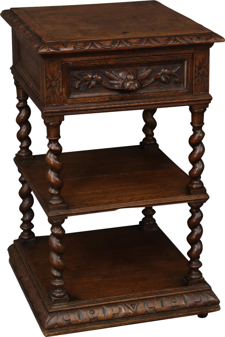 1880 French Oak Hunting Style Nightstand: 1880 French Oak Hunting Style Nightstand This exquisite 1880 French Hunting Style Nightstand showcases the rustic charm of vintage oak furniture. Designed with functionality in mind, it features a cla