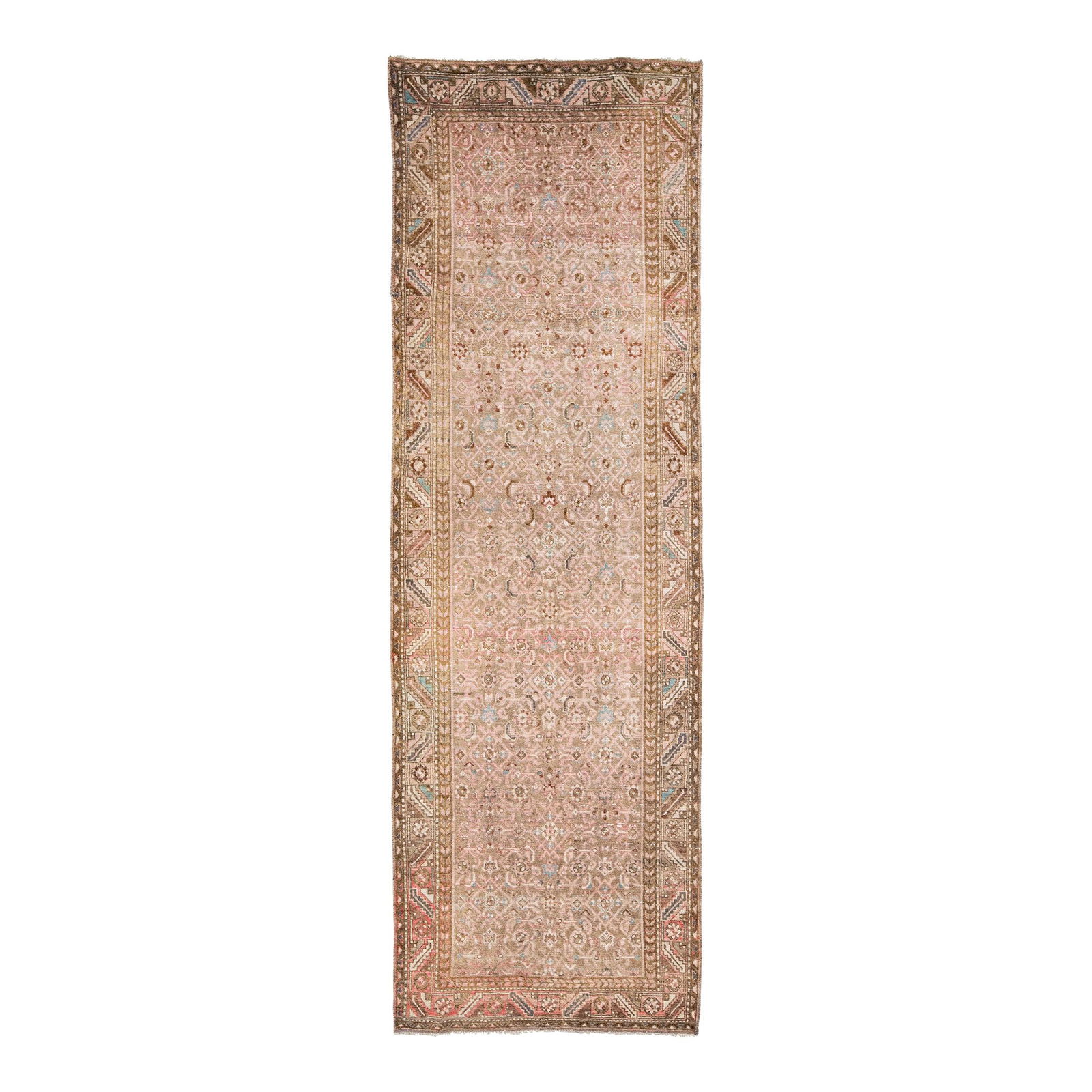 Vintage Persian Hamadan Peach Wool Runner 3'7" x 11'2" Shabby Chic: Vintage Persian Hamadan Peach Wool Runner 3'7" x 11'2" Shabby Chic Enhance your space with this exquisite 1960s Vintage Persian Hamadan wool runner, showcasing a beautiful peach field. The hand-knotte