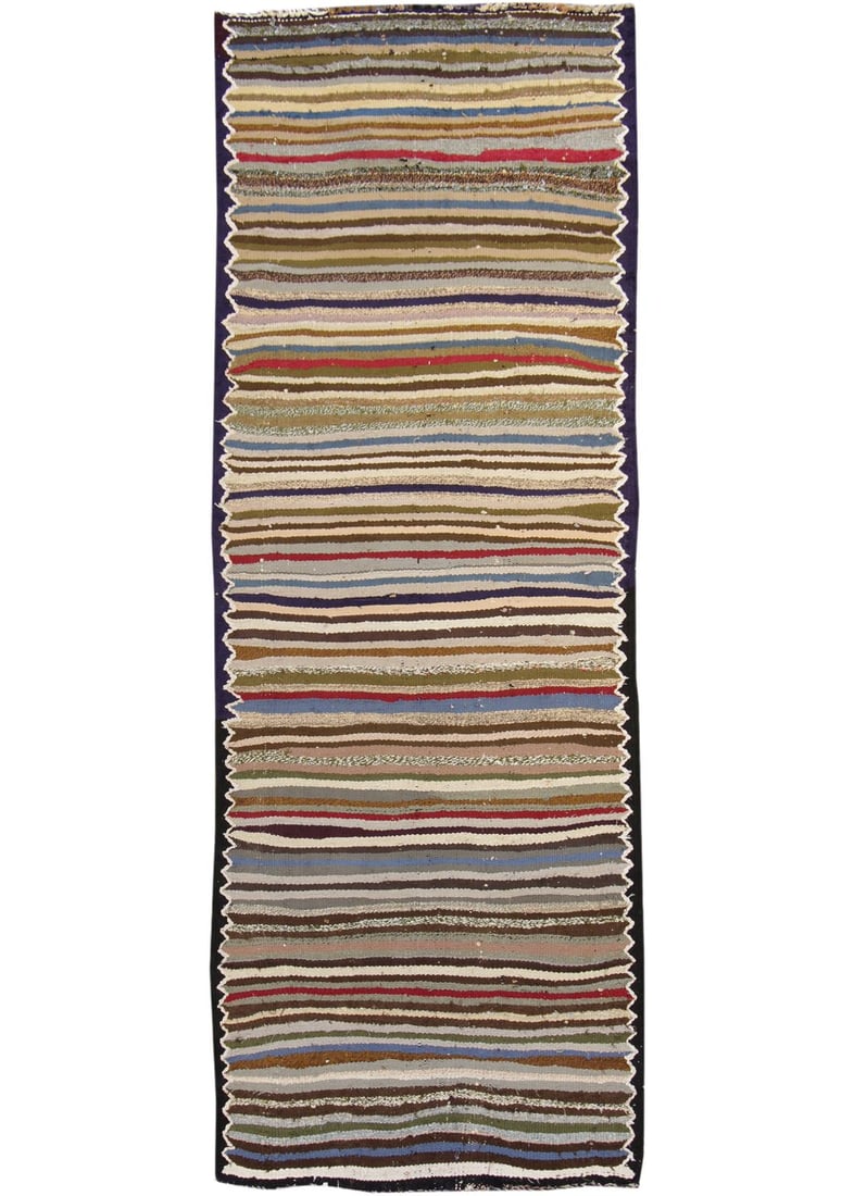 Mid-20th Century Persian Kilim Rug Black Striped Wool 3'5 x 9'4: Mid-20th Century Persian Kilim Rug Black Striped Wool 3'5 x 9'4 Discover a stunning vintage Persian hand-knotted kilim rug featuring a striking striped design against a rich black field. This unique p
