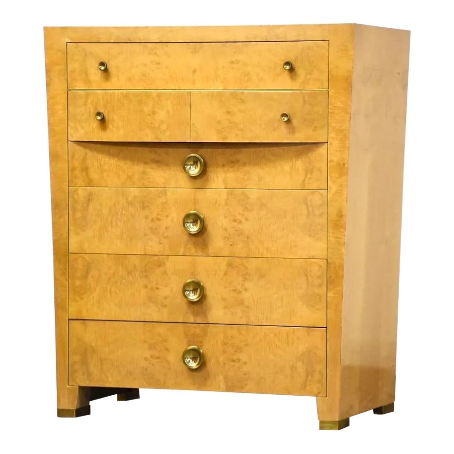 1970s Art Deco Burl Tall Dresser by Red Lion with Brass Knobs: 1970s Art Deco Burl Tall Dresser by Red Lion with Brass Knobs This stunning 1970s tall burl dresser showcases the elegance of Art Deco style, featuring beautiful brass knobs that complement its rich b