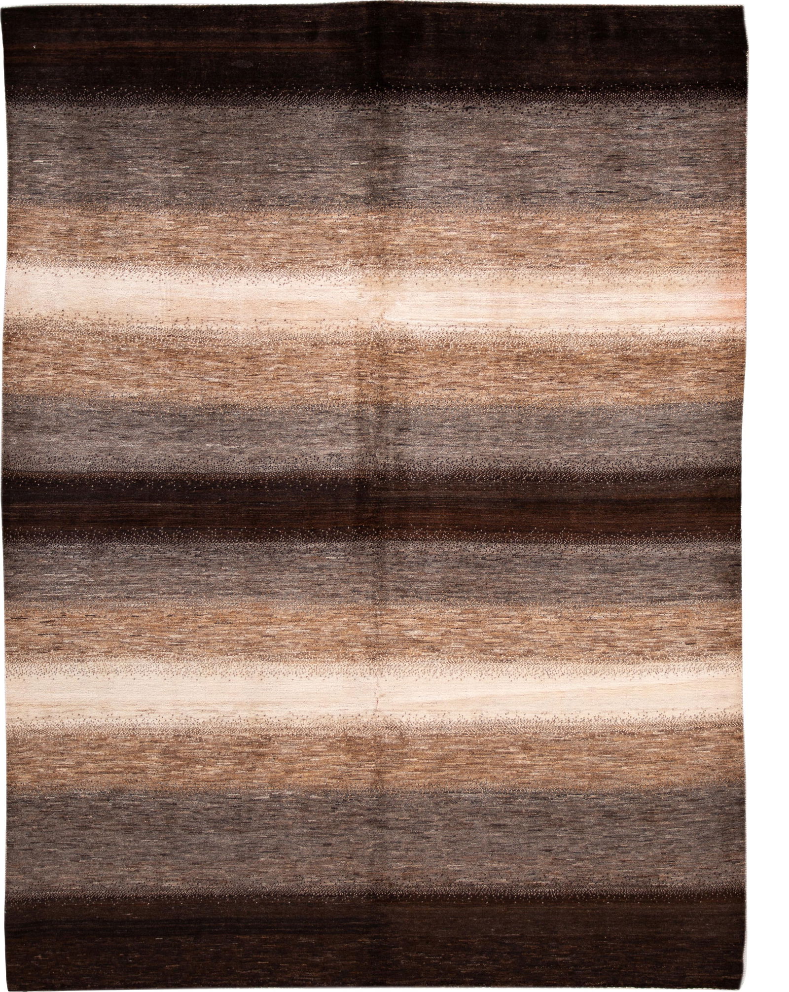 Brown Striped Handmade Gabbeh Wool Rug 7'8 x 10'5: Brown Striped Handmade Gabbeh Wool Rug 7'8 x 10'5 Enhance your living space with this stunning Brown Striped Modern Gabbeh Handmade Wool Rug. Expertly hand-knotted, this contemporary Persian Gabbeh ru
