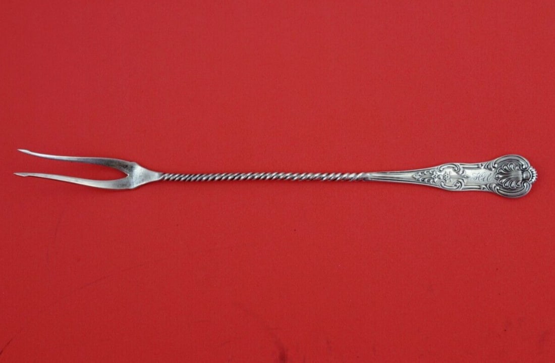 Whiting King Sterling Silver 2-Tine Pickle Fork Long Twist Handle 8 1/4": Whiting King Sterling Silver 2-Tine Pickle Fork Long Twist Handle 8 1/4" This exquisite King pickle fork by Whiting is a stunning addition to any table setting. Crafted from sterling silver, this serv