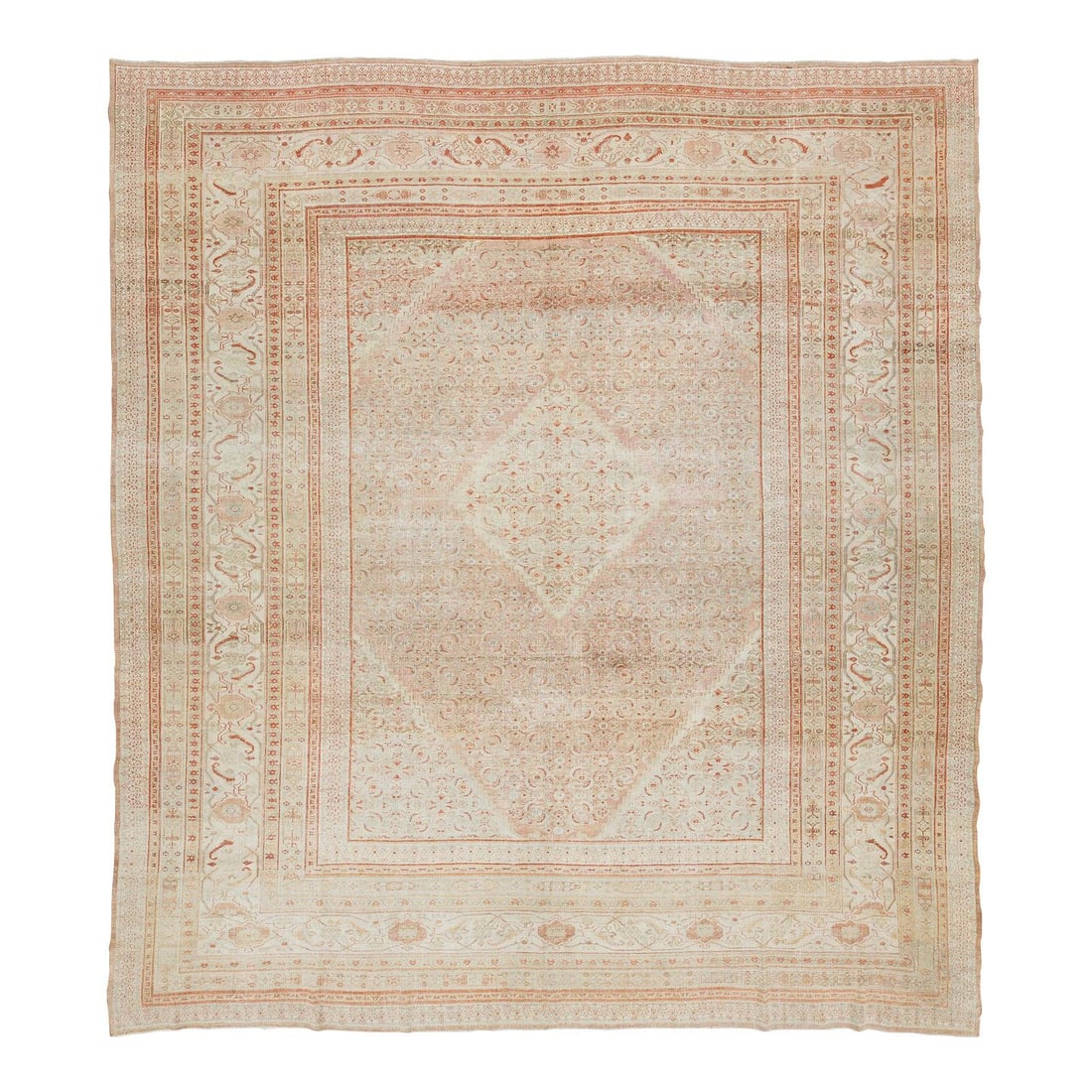 Persian Wool Tabriz Rug 12'1 x 13'5 Antique Peach Floral Handmade Carpet: Persian Wool Tabriz Rug 12'1 x 13'5 Antique Peach Floral Handmade Carpet This antique Tabriz rug features a hand-knotted wool construction with a peach field and an intricate all-over floral pattern.