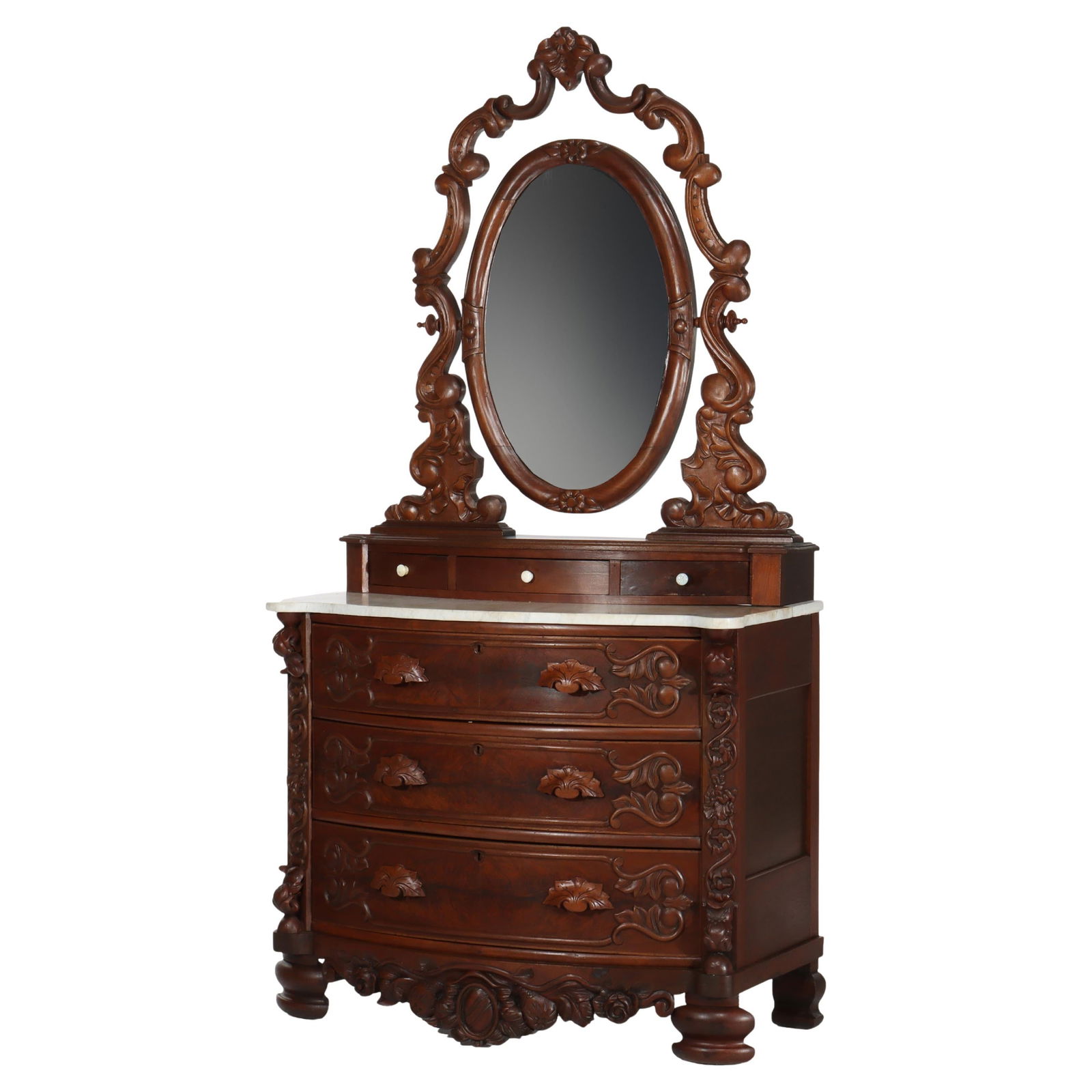 Victorian Rococo Walnut Dresser with Marble Top and Mirror c1890: Victorian Rococo Walnut Dresser with Marble Top and Mirror c1890 This exquisite Victorian Rococo dresser, dating to circa 1890, showcases the intricate craftsmanship of the era. Made from rich walnut,