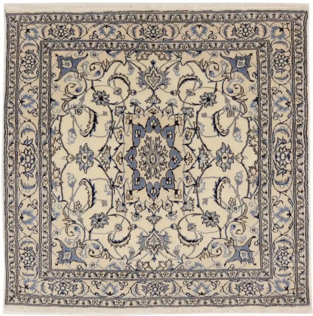 Handmade Cream Floral Oriental Rug 6'3" Square Wool Area Carpet: Handmade Cream Floral Oriental Rug 6'3" Square Wool Area Carpet Enhance your space with this elegant Cream Square Classic Floral Handmade Oriental Rug, perfect for various rooms including bathrooms, e