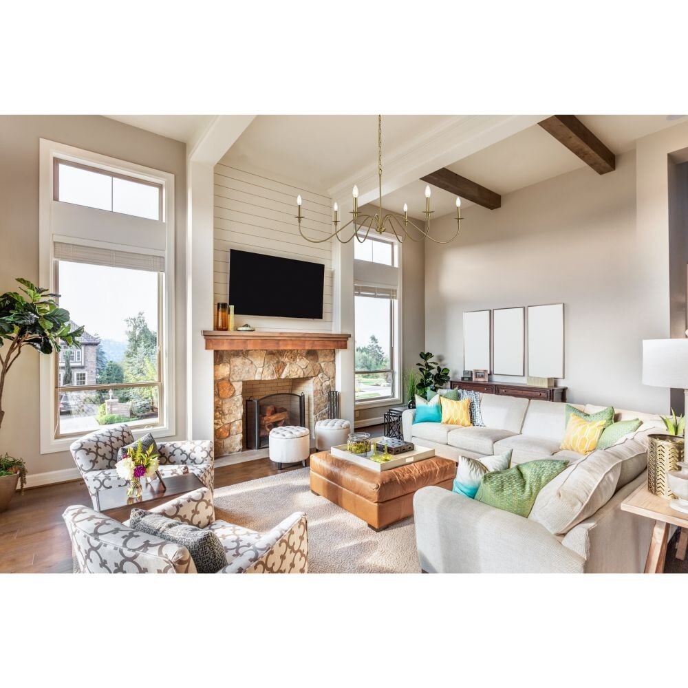 Living District Rohan 6-Light Satin Gold Chandelier 48 Inch Indoor Pendant Light: Living District Rohan 6-Light Satin Gold Chandelier 48 Inch Indoor Pendant Light Elevate your living space with this stunning Satin Gold Farmhouse Chandelier. Measuring 48 inches in length and designe