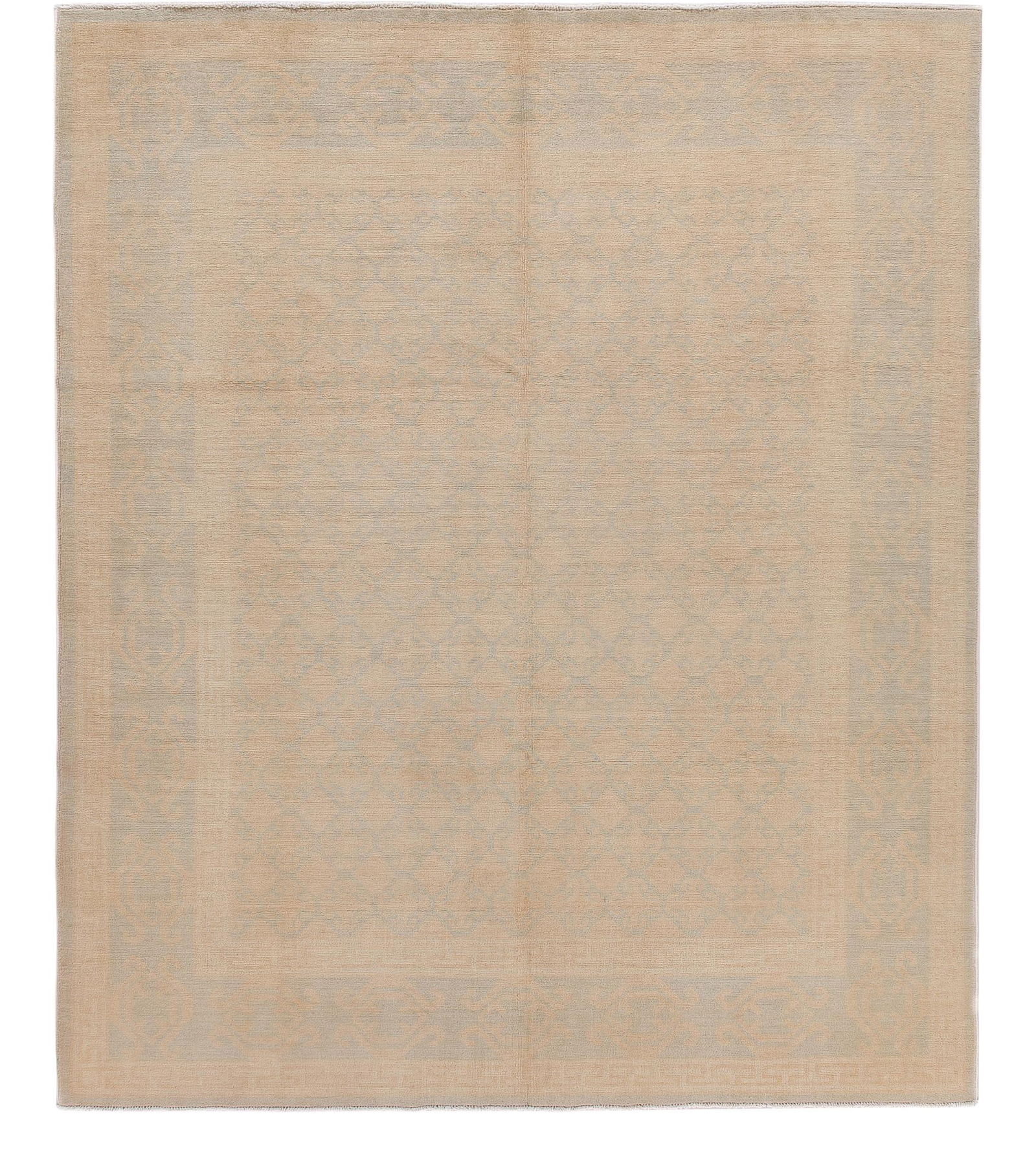 Handmade Modern Khotan Style Wool Rug Tan Blue Geometric 8'1" x 9'7": Handmade Modern Khotan Style Wool Rug Tan Blue Geometric 8'1" x 9'7" Enhance your space with this stunning modern Khotan-style, hand-knotted wool rug featuring a tan field and a beautiful blue frame.