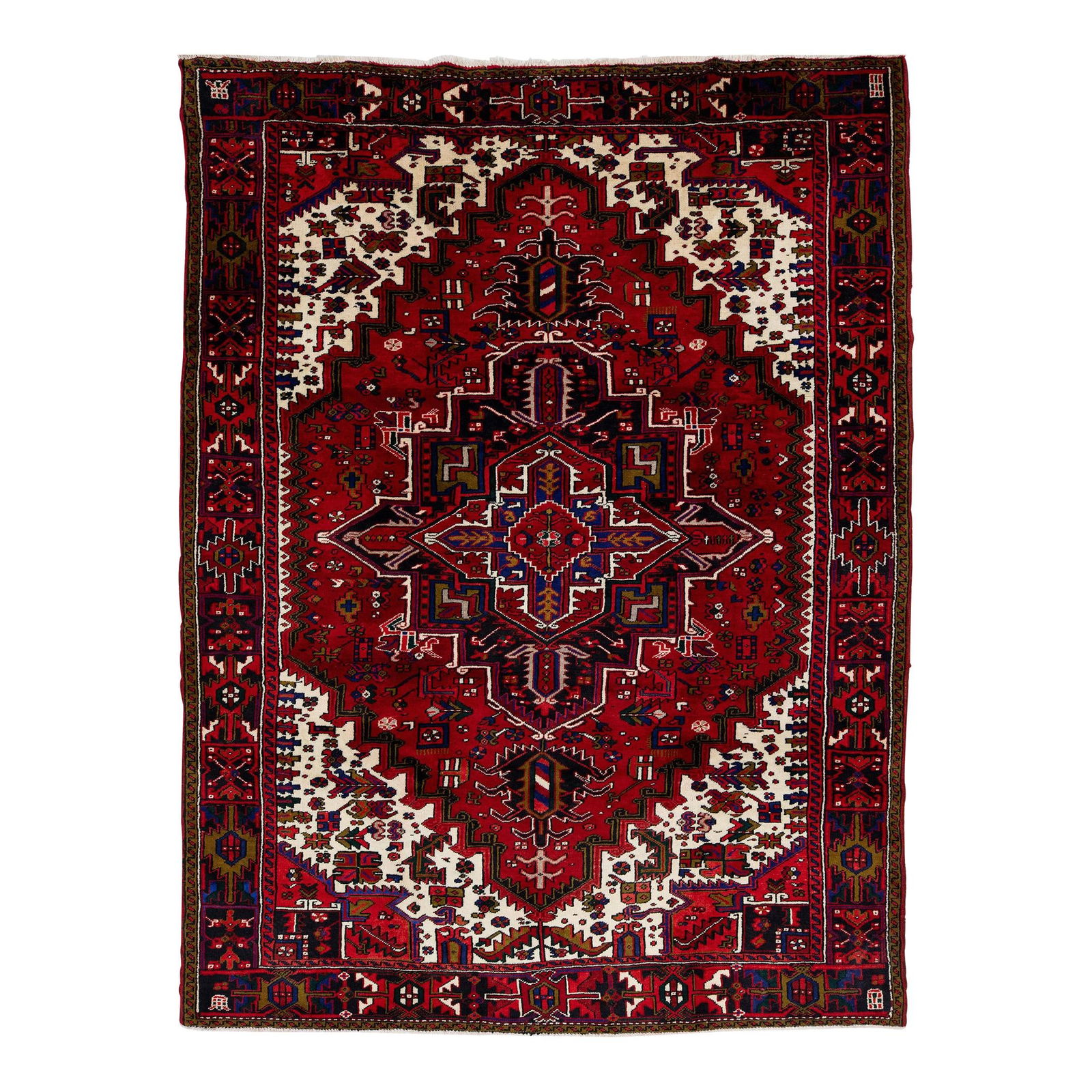 Vintage Persian Heriz Wool Rug Red Medallion Design 8'6 x 11'3: Vintage Persian Heriz Wool Rug Red Medallion Design 8'6 x 11'3 This vintage Persian Heriz hand-knotted wool rug features a vibrant red field adorned with bold blue and beige accents, showcasing an int