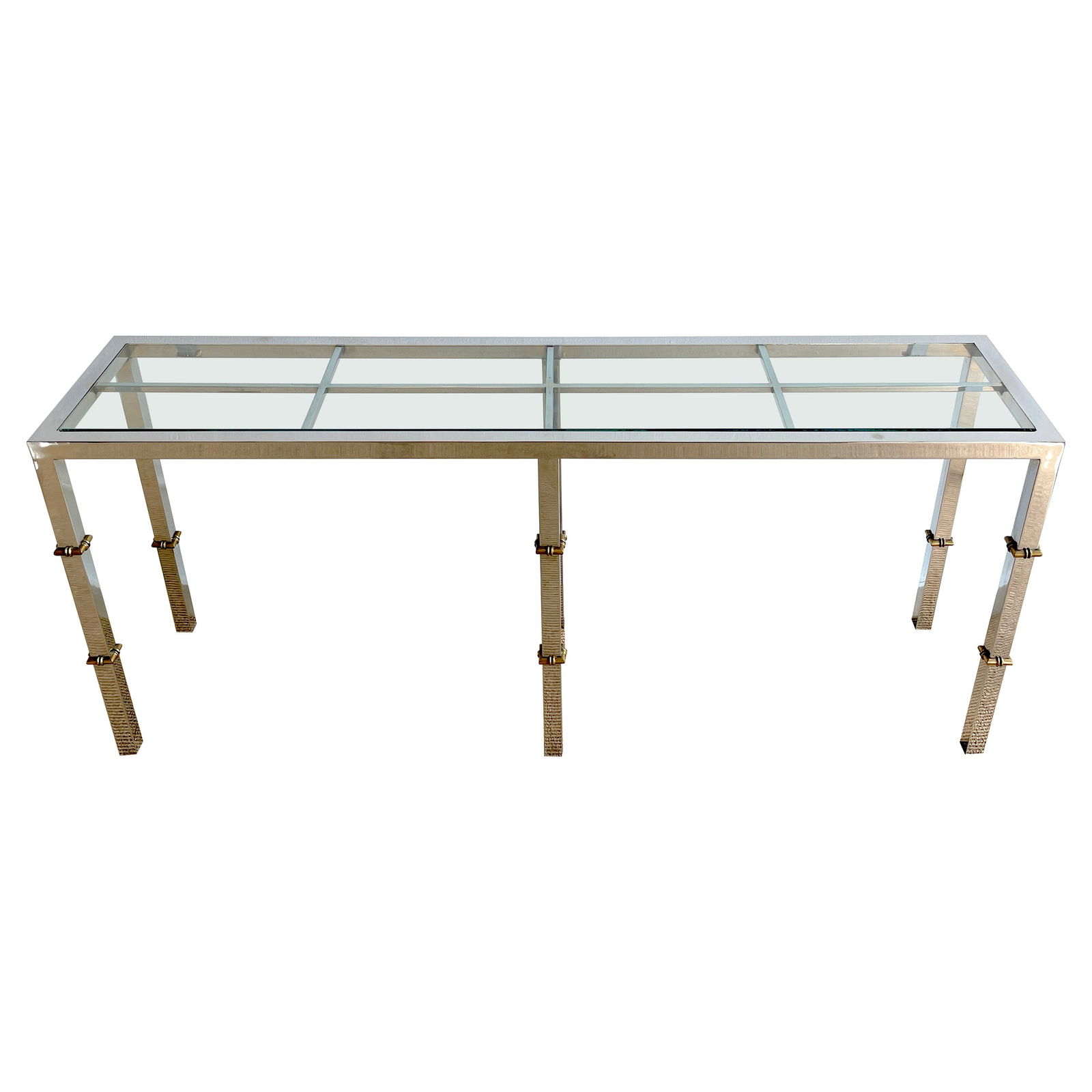 1970s Italian Mid-Century Console Chrome Glass Brass Faux Bamboo: 1970s Italian Mid-Century Console Chrome Glass Brass Faux Bamboo This stunning Italian console from the 1970s showcases a harmonious blend of chrome and glass, embodying the essence of Mid-Century Mod
