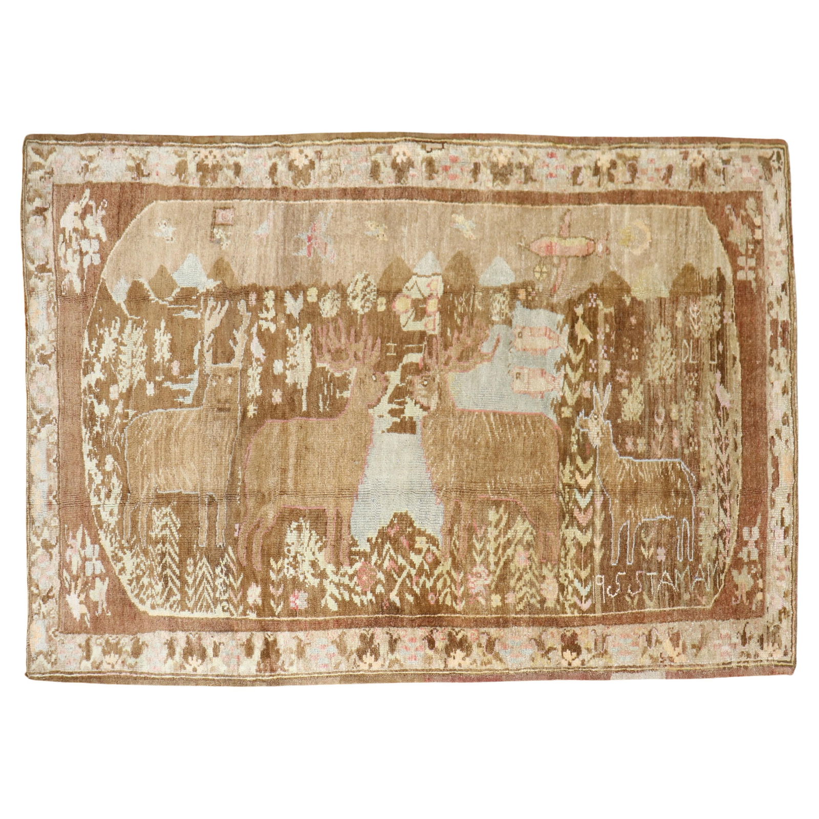 Zabihi Collection Mid-Century Turkish Wool Rug with Reindeer Design: Zabihi Collection Mid-Century Turkish Wool Rug with Reindeer Design Introducing a stunning mid-20th century Turkish pictorial rug from the Zabihi Collection. This exquisite piece features a charming d